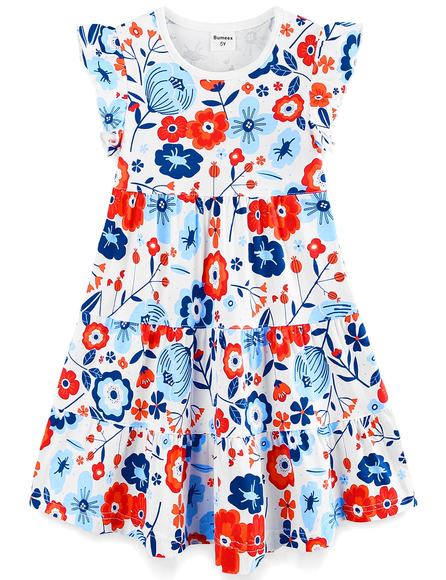 Bumeex Girl's Dresses Cotton Ruffle Sleeve Tiered Swing A-Line Cute Midi Casual Sundress