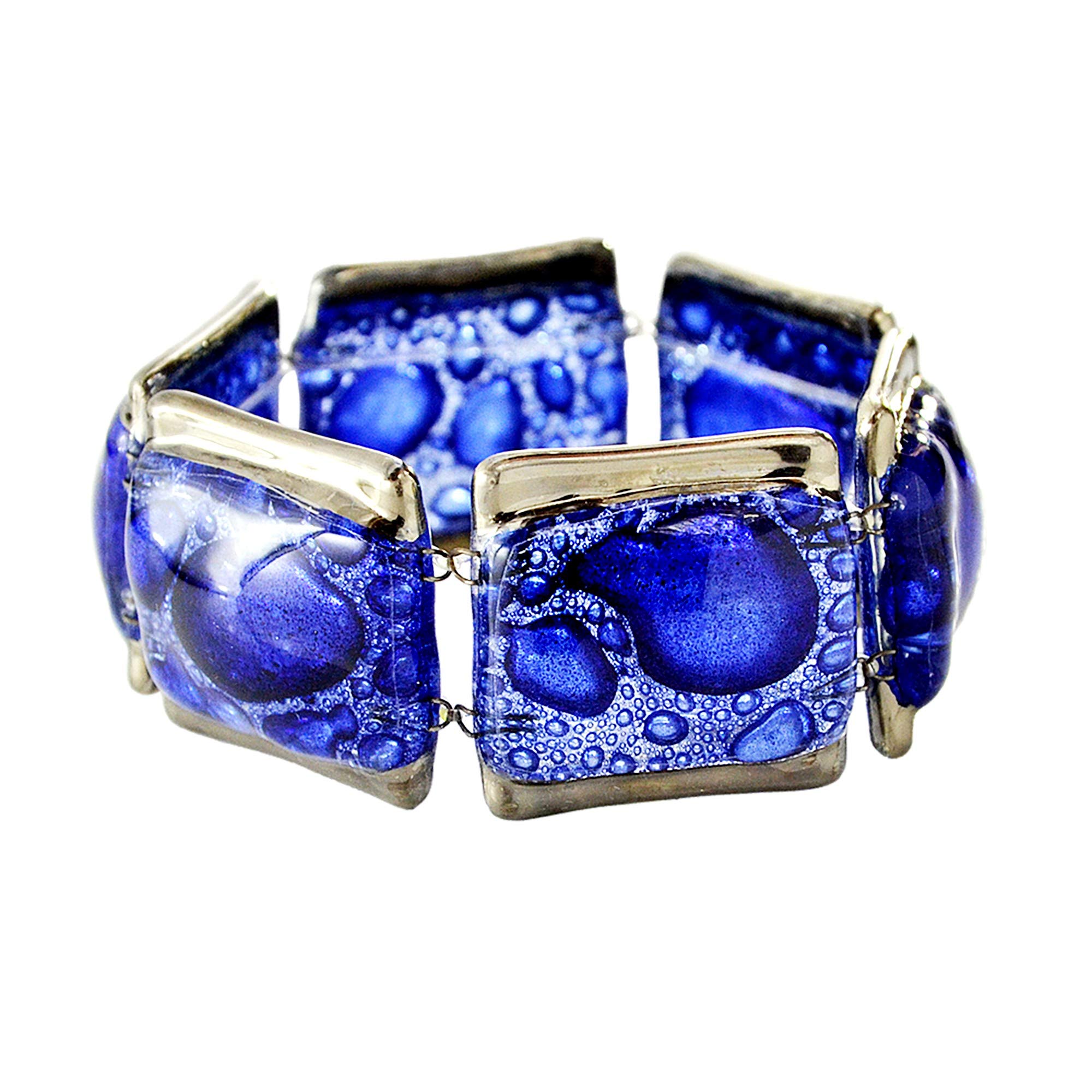 Pulsera azul para mujer • Vidrio burbuja checo decorado con platino real • Ancho 3 cm • Joyas de diseño • Hecho a mano