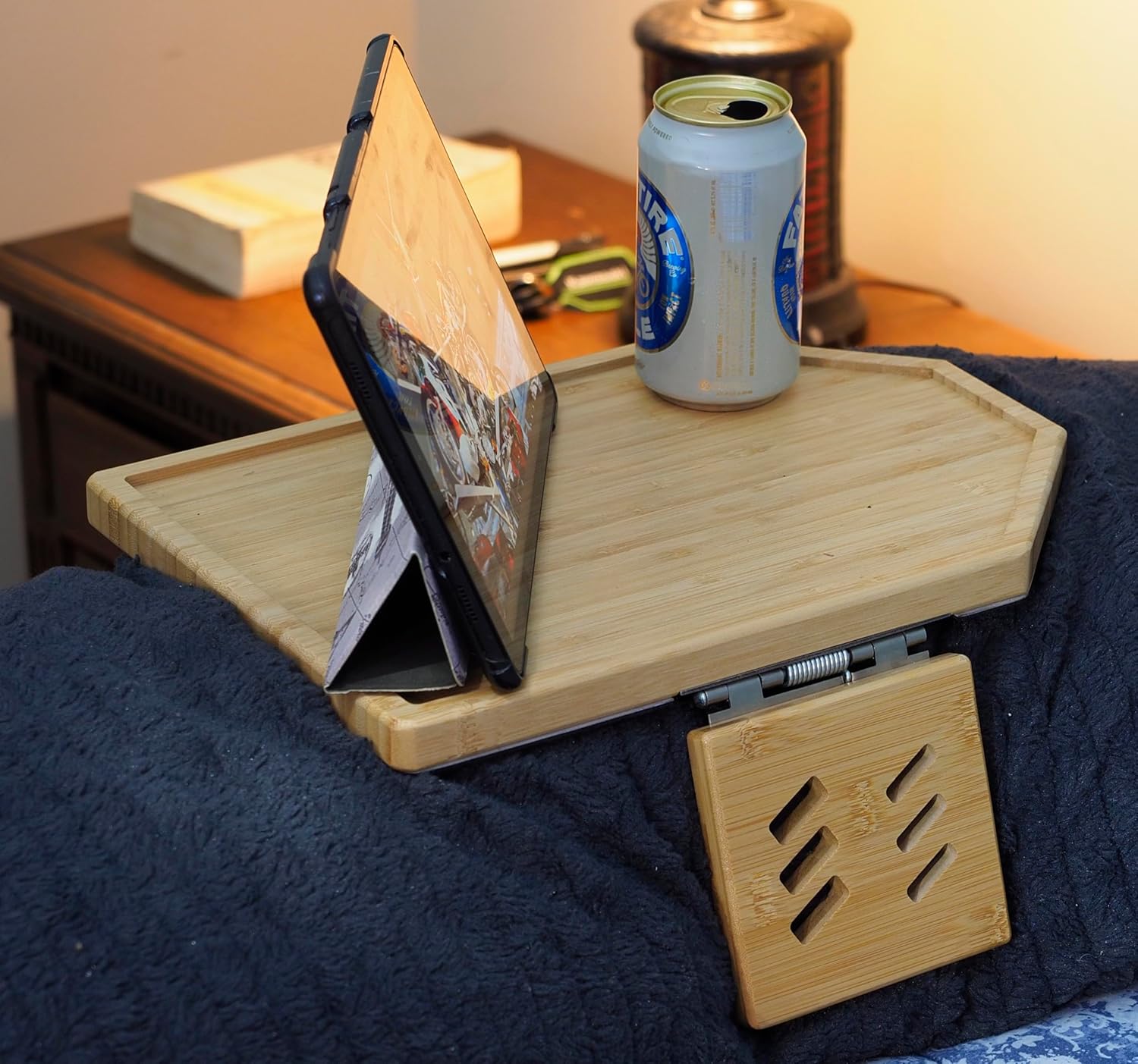My Cozy Tray, Most Stable, Adjustable Legs for Narrow Or Wide Couch Arm, Better Leg Design, Stronger, Clip On, Bamboo, Camping/RV, College Dorm Essentials, Great Gifts,