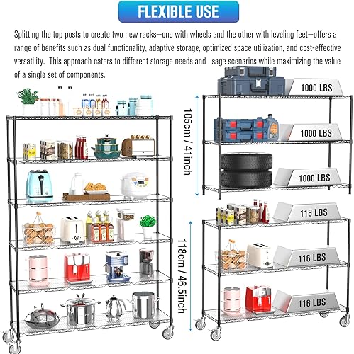 Miniatura 5 de Estantería de alambre NSF de 6 niveles, 18 x 60 x 87.5 pulgadas, capacidad de 6000 libras, estante de metal de almacenamiento ajustable resistente