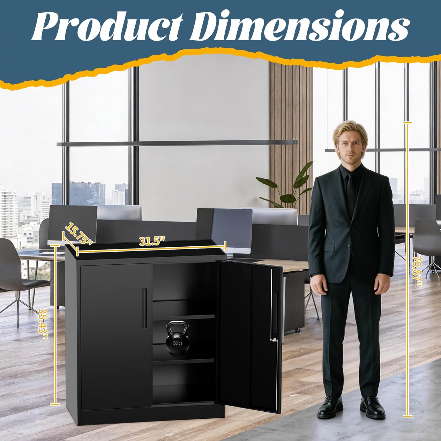 Metal Storage Cabinet with Lock, 36" H Garage Locker Cabinet, Lockable Tool Organizer with 2 Adjustable Shelves for Garage, Office, Home, Warehouse, Assembly Required, Black