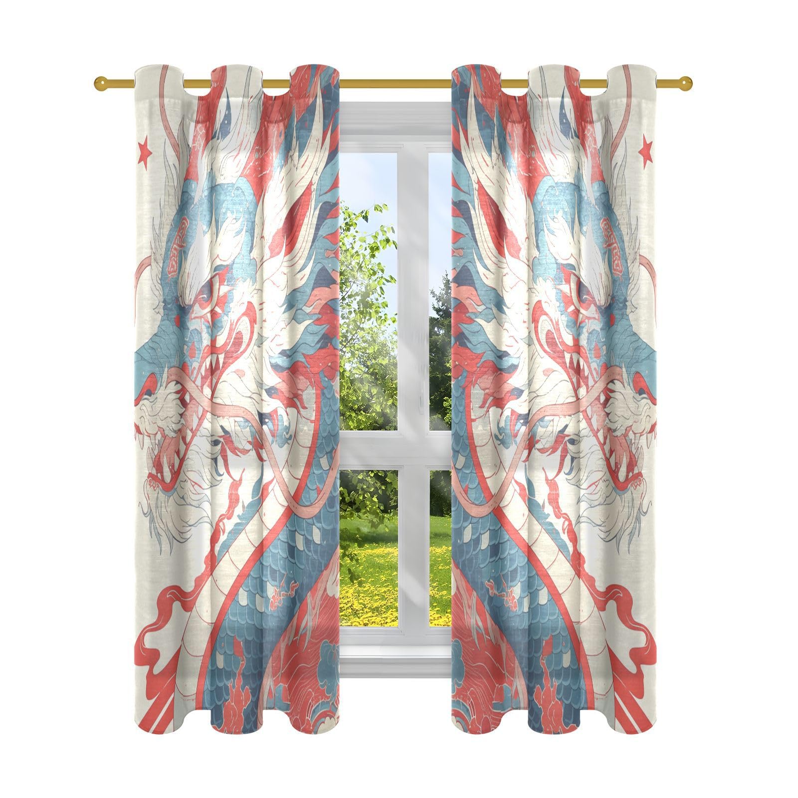 Rideaux en lin dragon pour cuisine festive du 4 juillet | 2 panneaux 106x160 cm