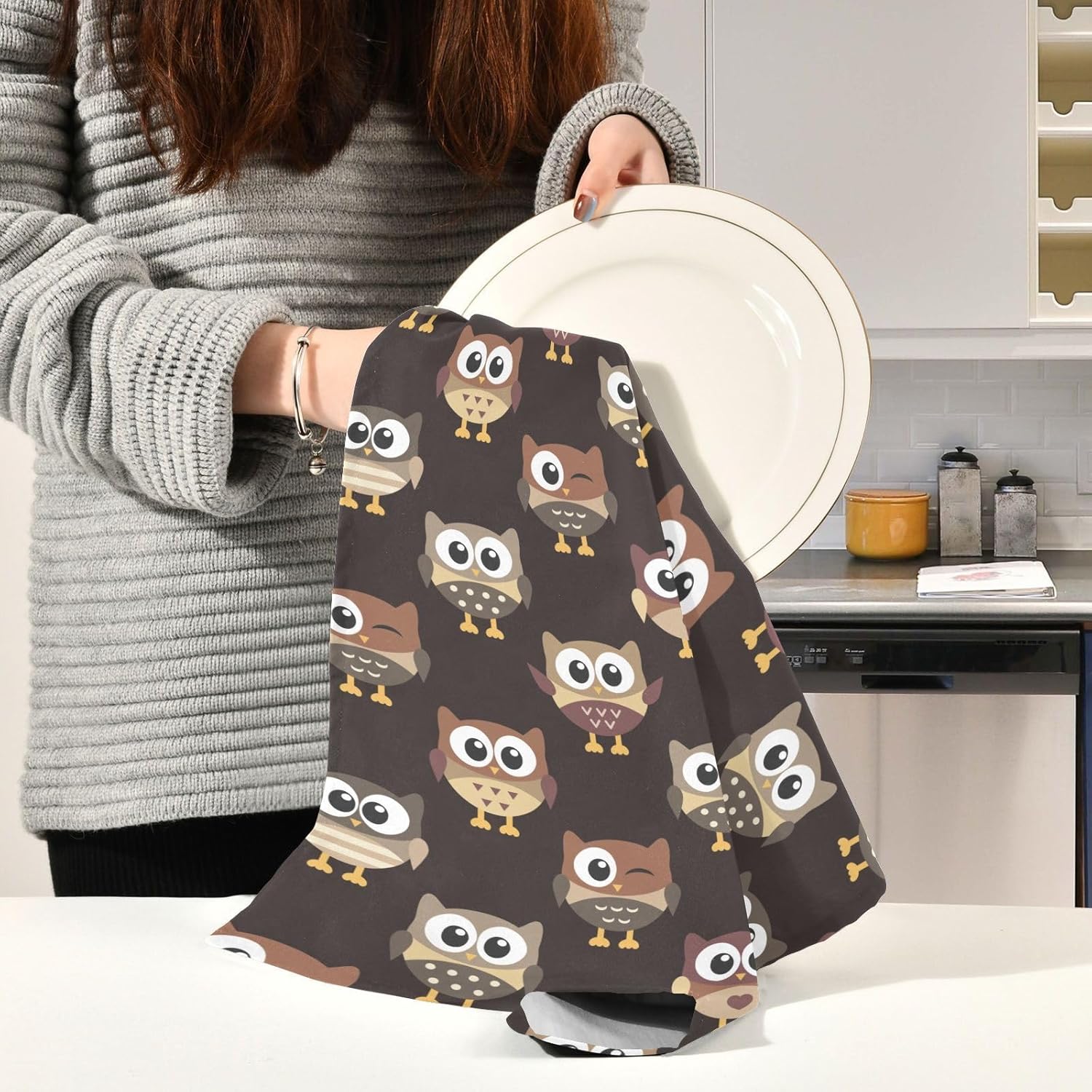 Owls Brown Kitchen Towels, 18 x 28 Inch Super Soft and Absorbent Dish Cloths for Washing Dishes, 6 Pack Reusable Multi-Purpose Microfiber Hand Towels for Kitchen