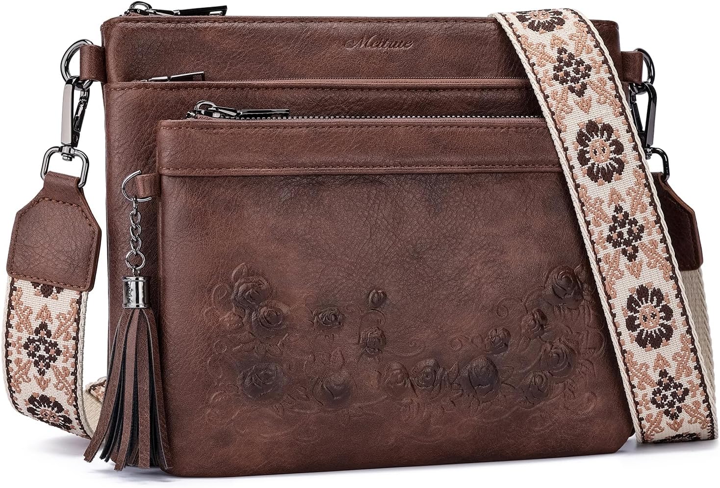 MEITRUE Crossbody Bags for Women,Embossed Leather Purse with Tassel Multi Pocket Travel Shoulder Handbags