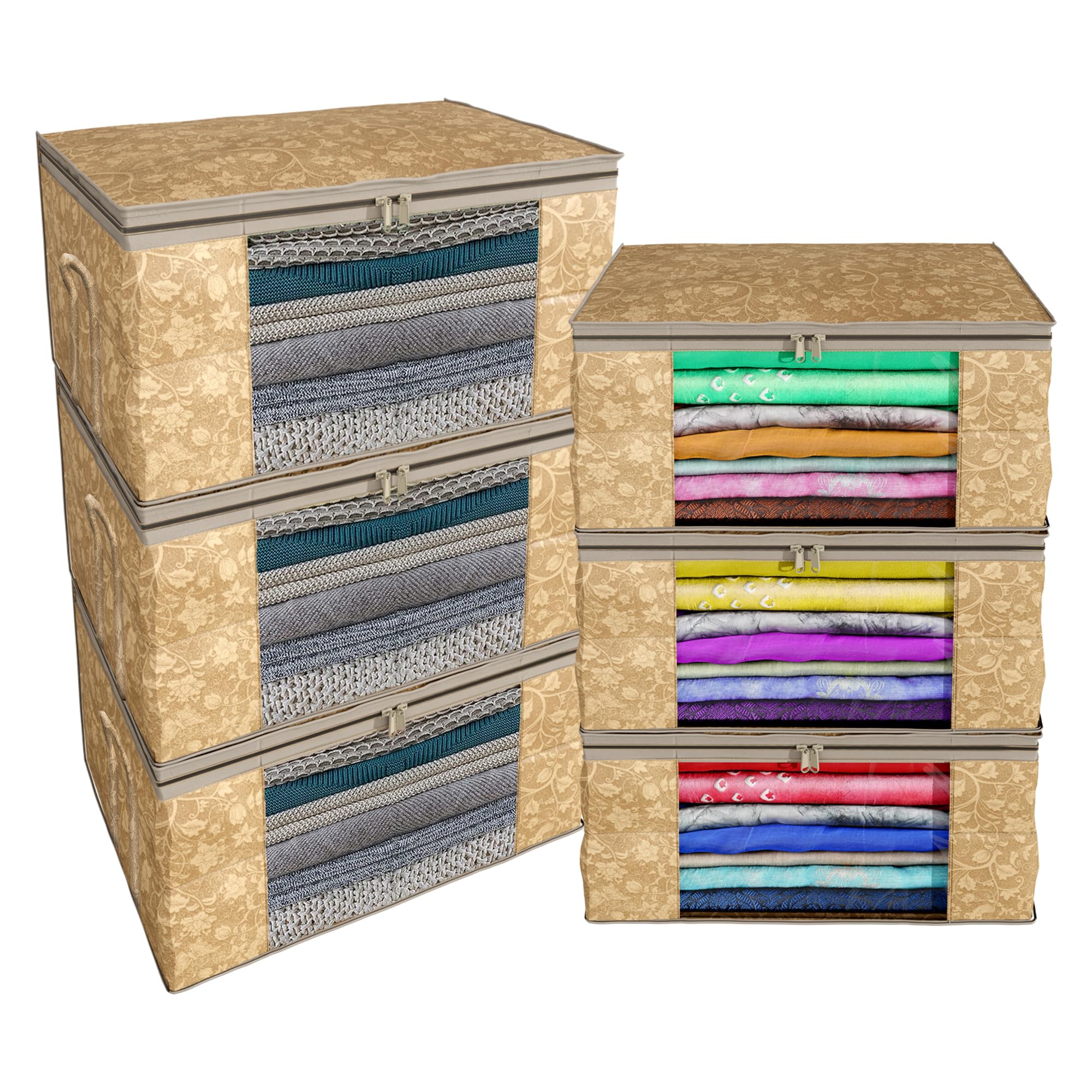 Kuber Industries Metallic Printed Non Woven 3 Pieces Saree Cover and 3 Pieces Underbed Storage Bag, Cloth Organizer for Storage, Blanket Cover Combo Set (Beige) -CTKTC038564