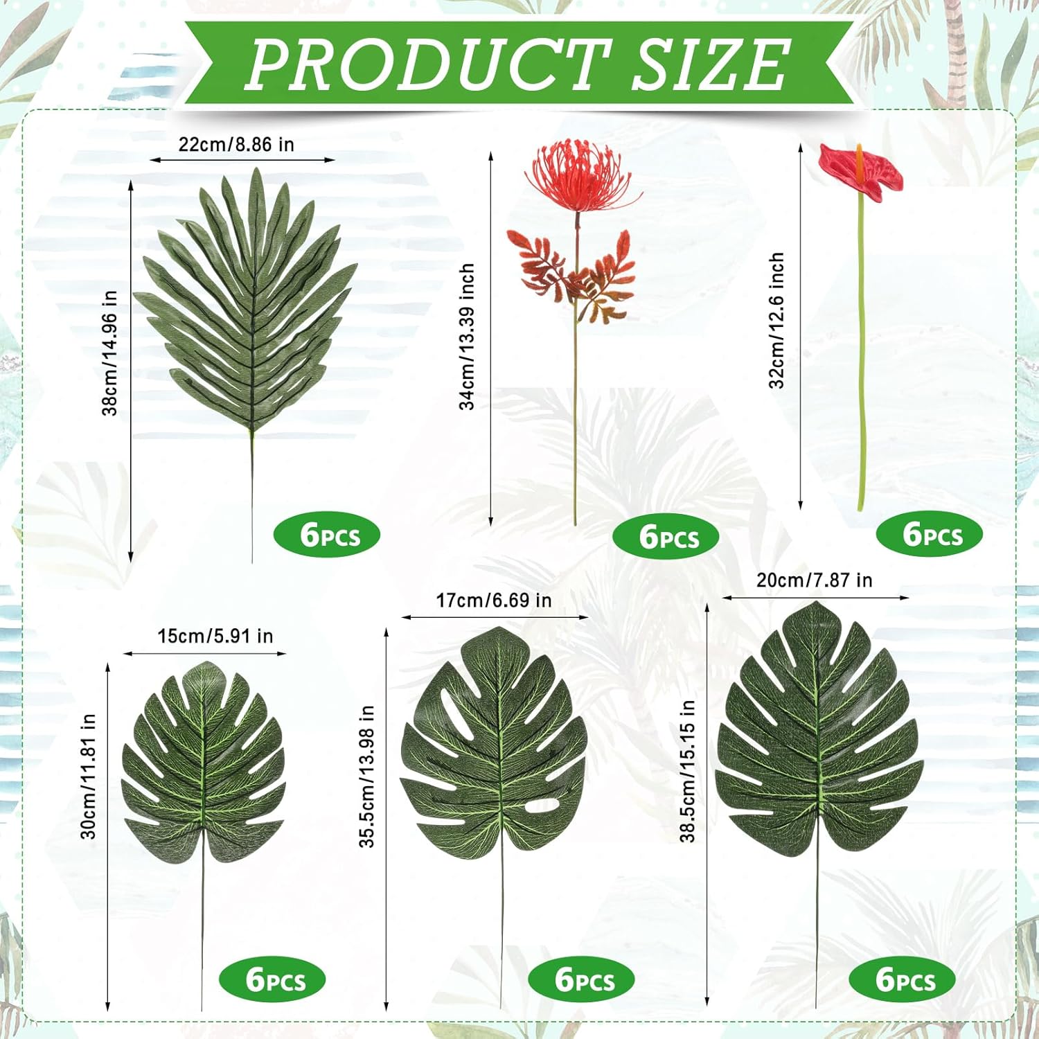 Hotop 36 Pcs Artificial Tropical Flowers for Summer Party Centerpieces Fake Floral Decor Set with Leucospermum Pincushion Flowers Anthurium & Tropical Leaves (Monstera/Palm) for Table Centerpieces
