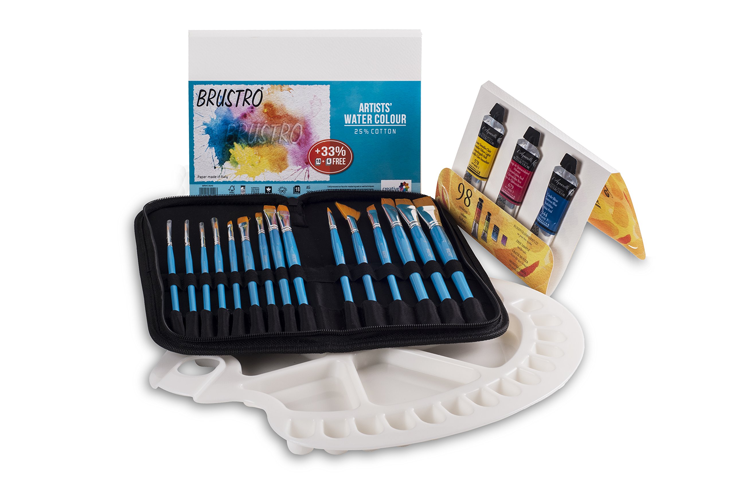 Brustro Artists Watercolor Cotton Paper A5 300 20 Well Palette with Brushes - Set of 15 (B07BKZ6N6X) Amazon Price History, Amazon Price Tracker