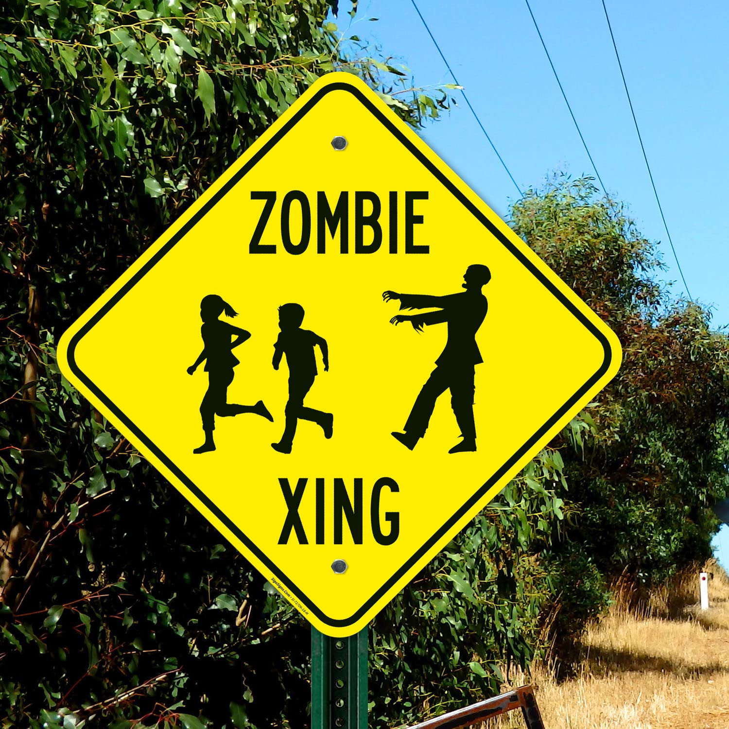 Zombie Crossing with Zombie and Kids Running Graphic Sign, 18x18 Inches, Rust Free .063 Aluminum, Fade Resistant, Made in USA