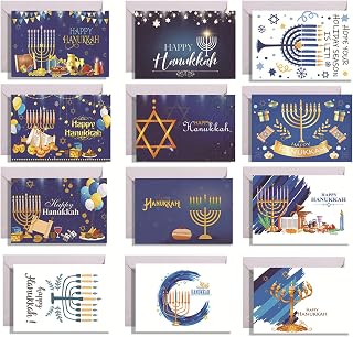 12 PCS Hanukkah Cards Happy Hanukkah Greeting Cards with White Envelopes and Stickers for Hanukkah Jewish Holiday Party decorations Supplies