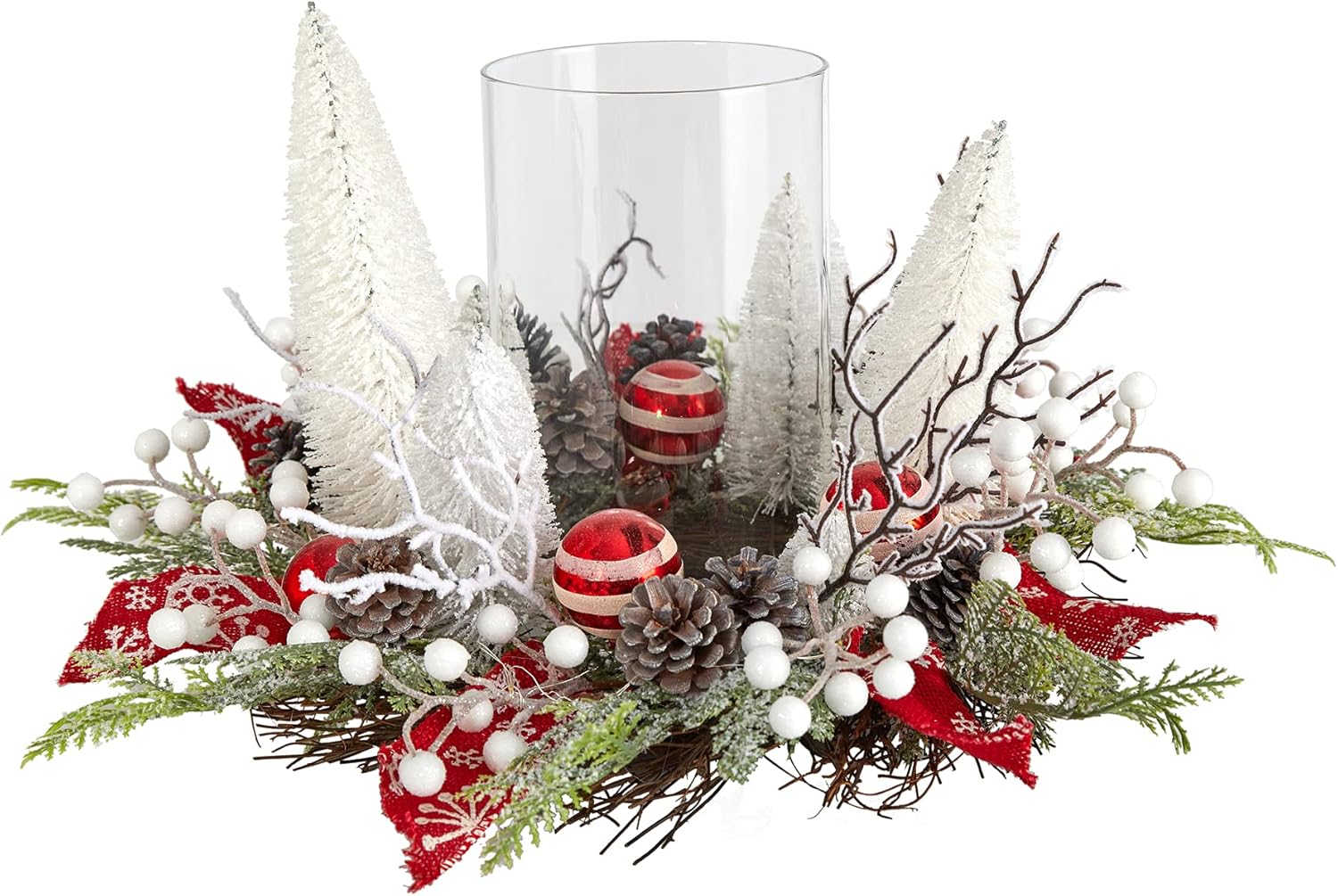 Nearly Natural 15in. Holiday Lighted Forest Candle Holder Table Christmas Artificial Arrangement
