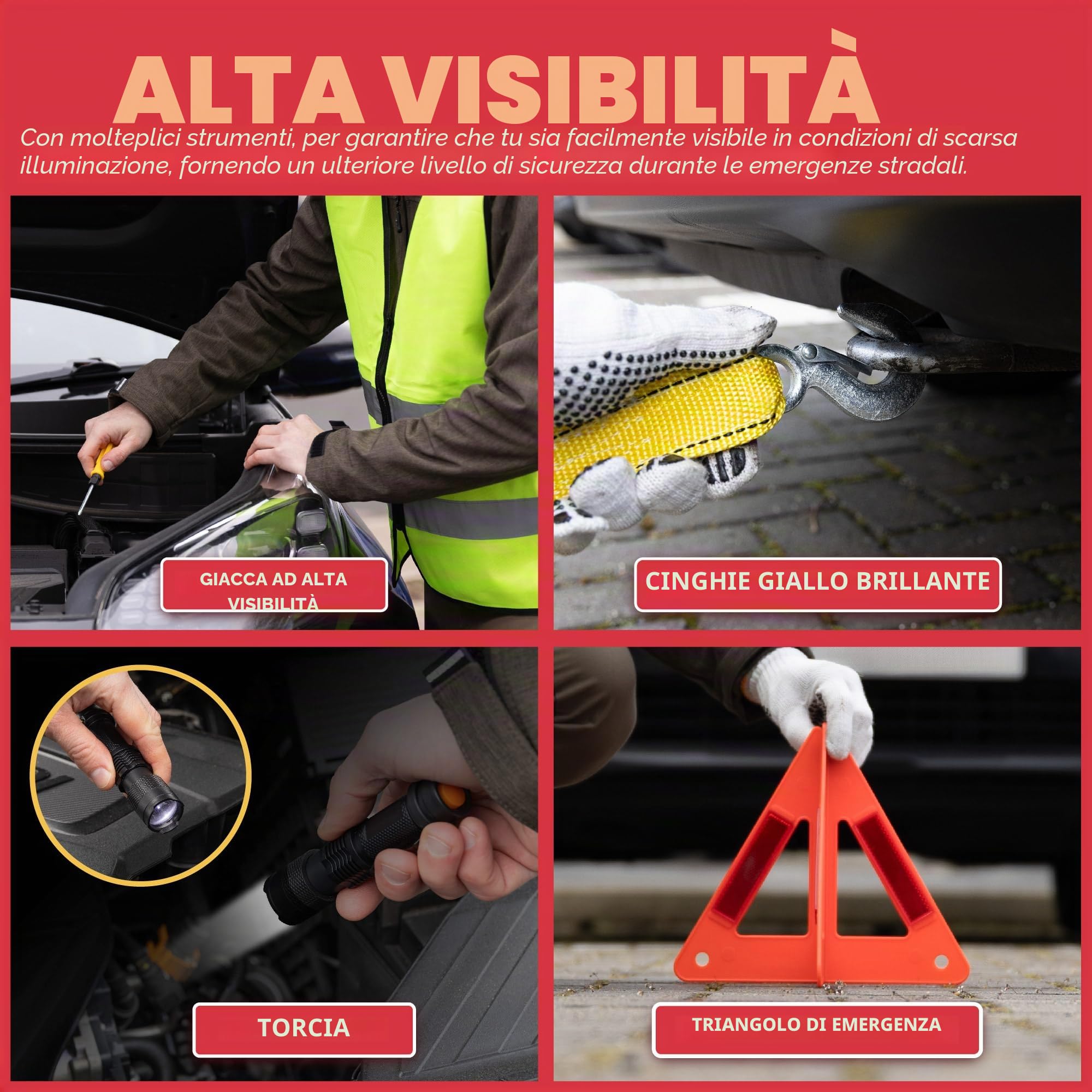GADLANE Kit di emergenza per guasto auto - Kit di emergenza auto grande per la strada con triangolo di avvertimento, cavi di avviamento, fune di traino, kit di pronto soccorso, martello di sicurezza