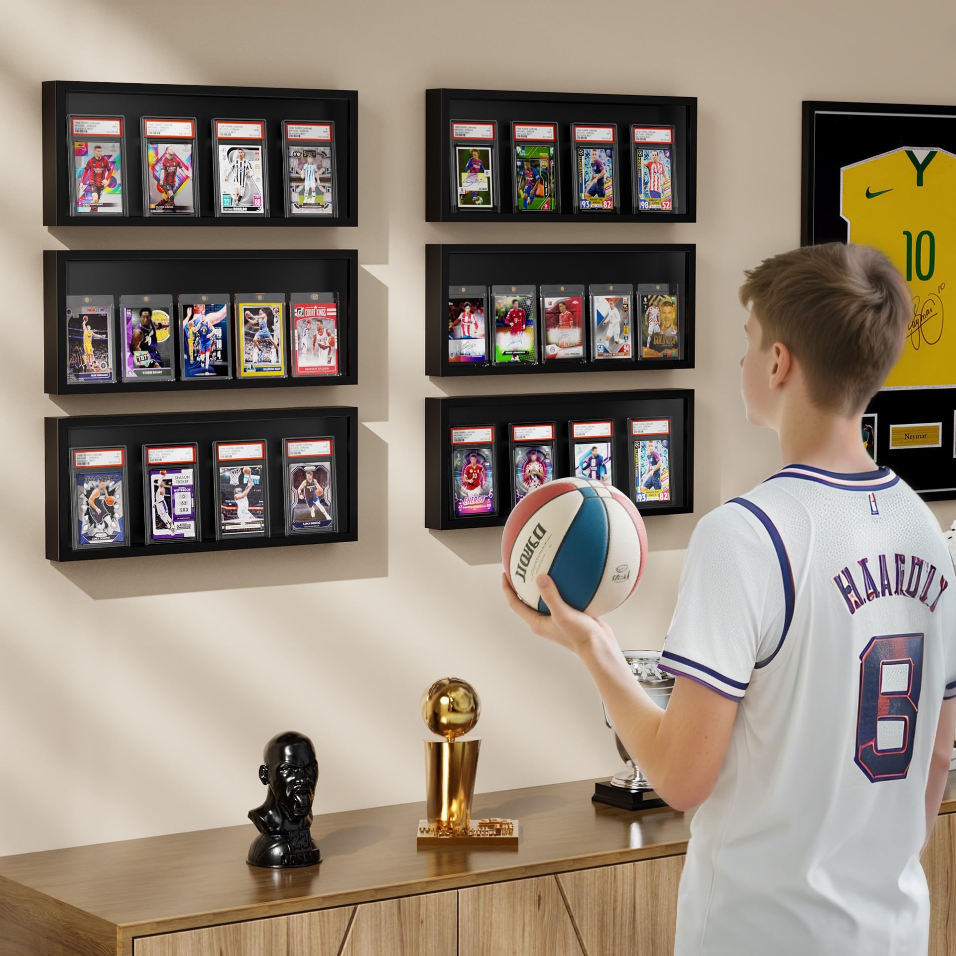 Présentoir pour cartes à collectionner - Support mural en bois - Affichage des cartes graduées avec vue claire - Pour collection de cartes de football et de sport - Noir
