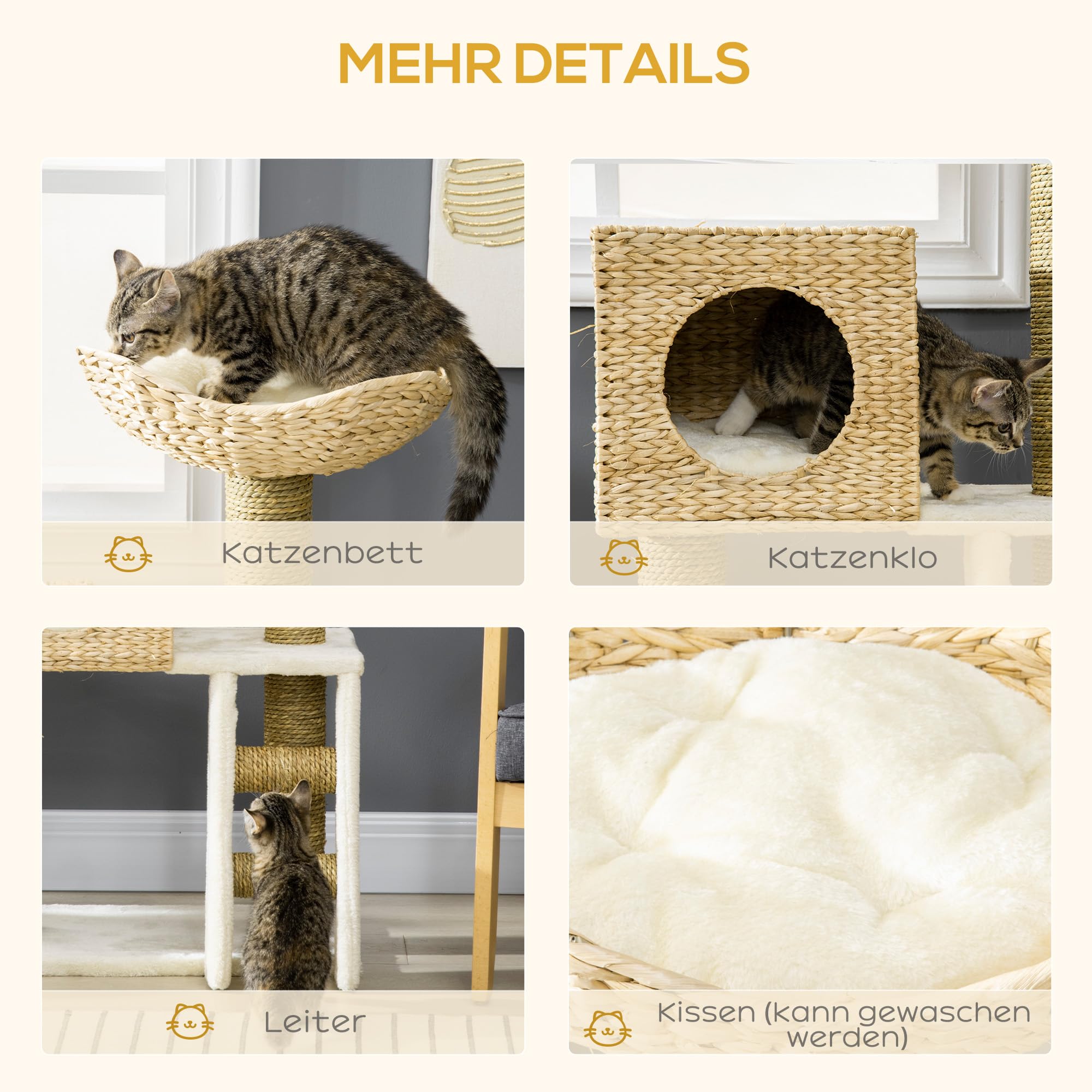 PawHut Drapak dla kota 100,5 cm z legowiskiem dla kota, łóżko, schody, drapak dla kota z sizalowymi kolumnami, poduszką, dla kotów o wadze do 4,5 kg, kolor naturalny | Drzewko dla kota, schody, drapak dla kota z sizalowymi kolumnami, poduszkami
