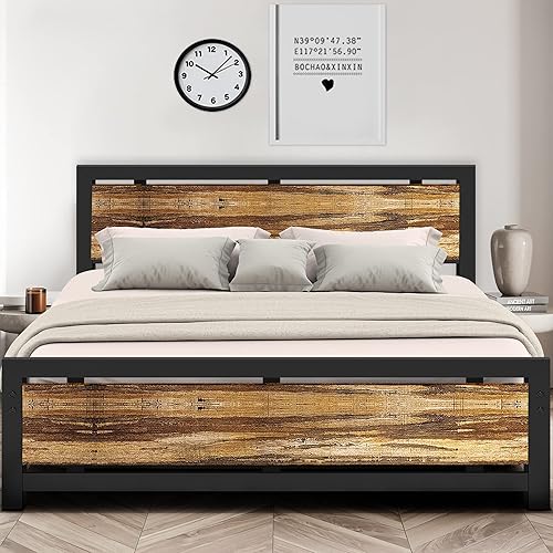 Aqgrj Marco de cama King marco de cama de plataforma tamaño King con cabecera de madera y 12 soportes de metal fuertes fácil montaje sin ruido no