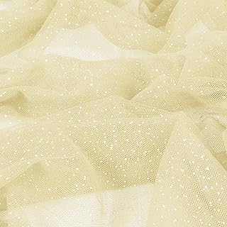 Entisn Glitter Tulle Fabric, 1 Yard x 60 Inch Wide Tulle Bolt Beige Tulle Netting with Silver Sequin, Soft Sparkly Tulle Fabric Bulk for Bridal Veil Wedding Decoration Tutu Skirt Gift Wrap