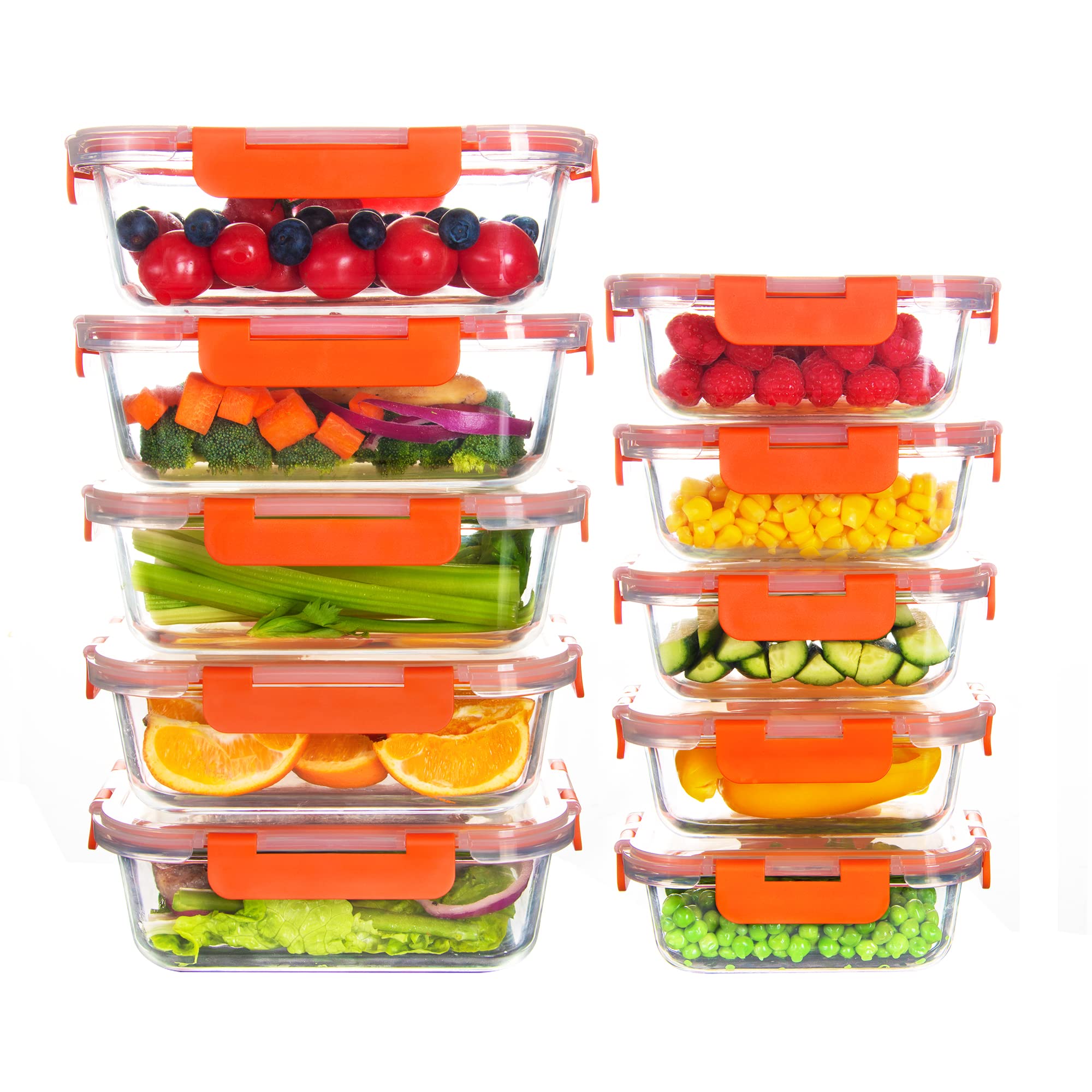 HAKEEMI 10 Pack Glass Food Storage Containers, Airtight Meal Prep Containers with Lids, Glass Lunch Containers, Microwave/Dishwasher Safe, Orange