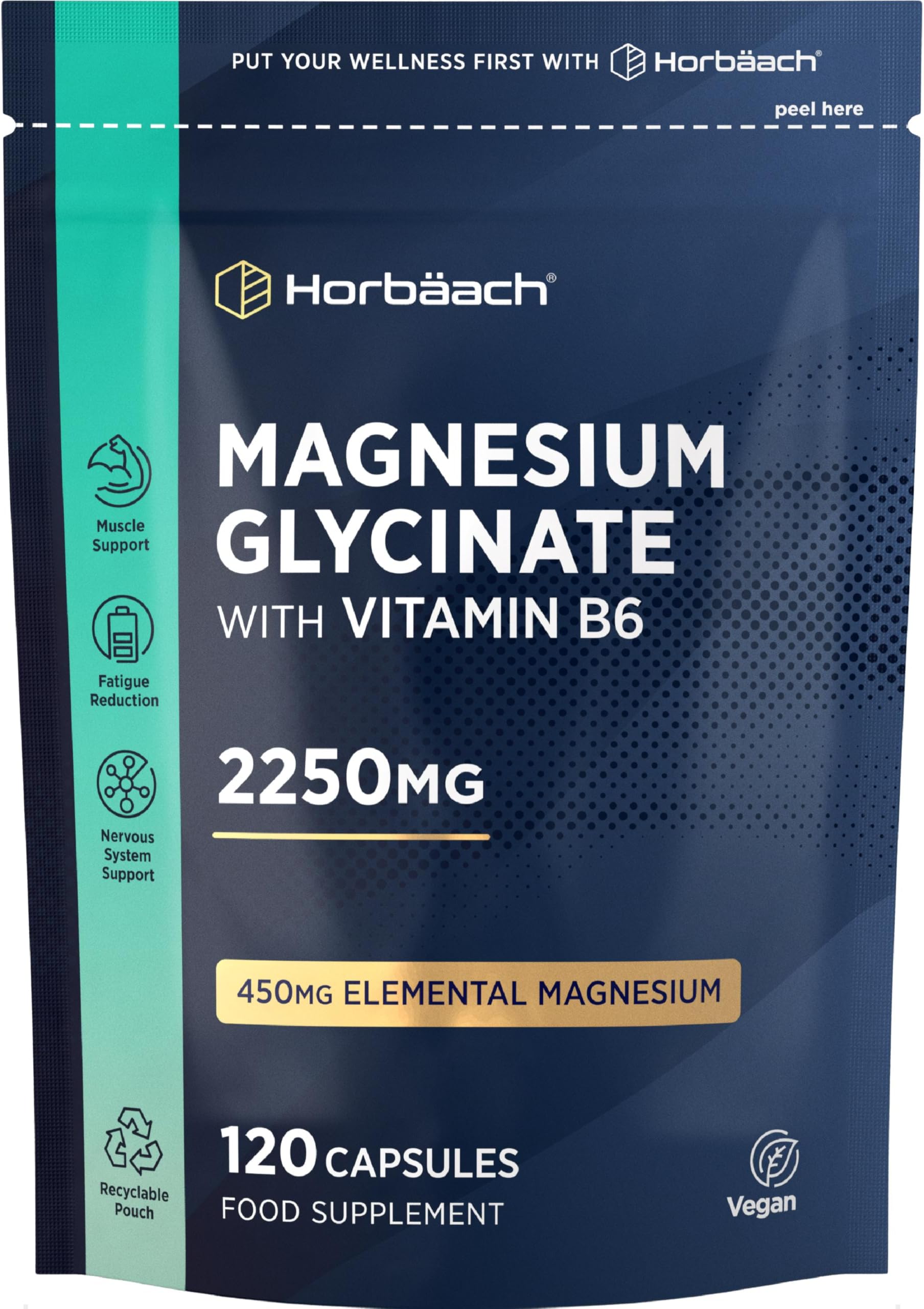 Magnesium Glycinate 2250mg & Vitamin B6 | High Strength 450mg Elemental Magnesium Bisglycinate (120% NRV) | 120 Capsules | Easy-to-Swallow & Vegan | by Horbaach