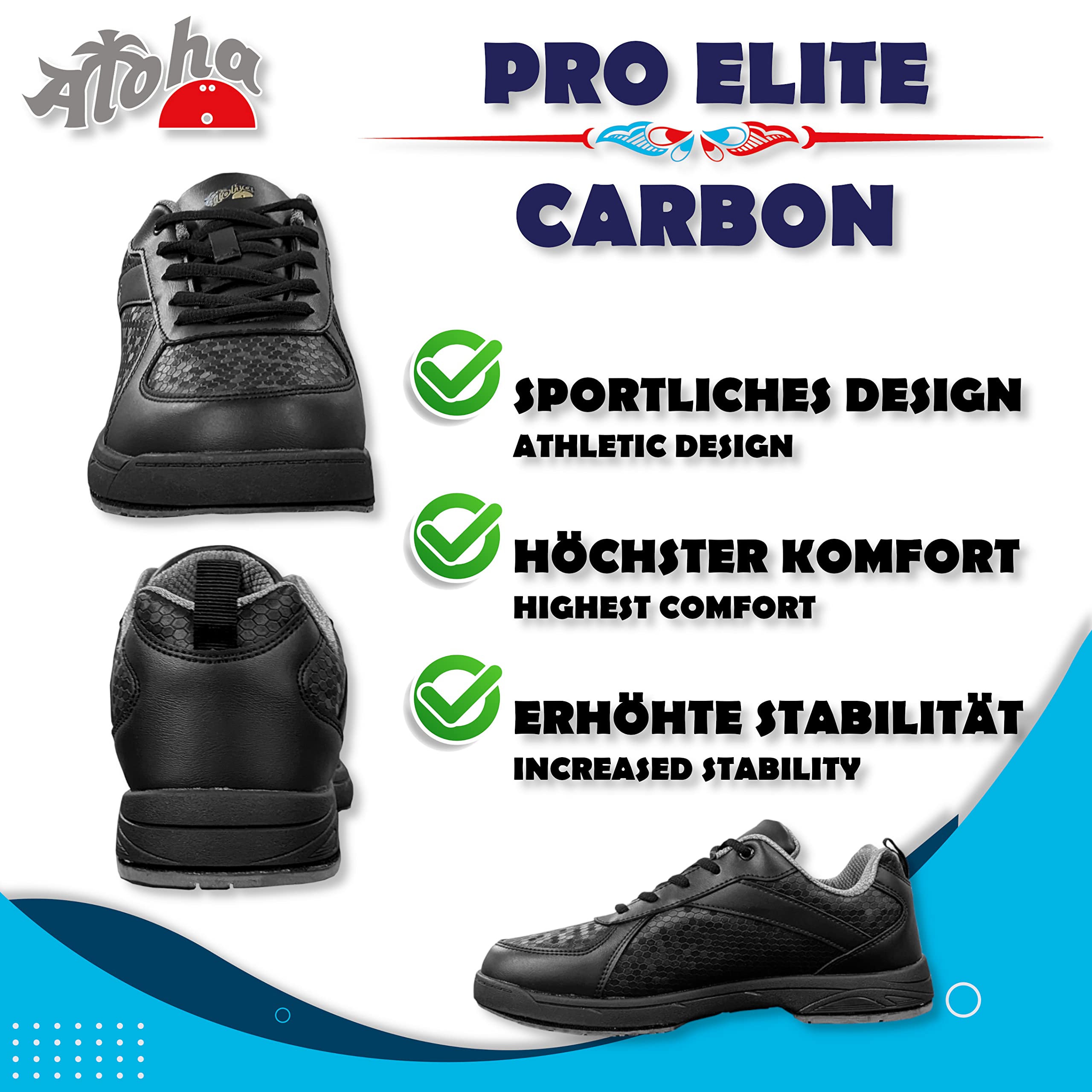 Chaussures de bowling [Aloha] Pro Elite - Carbone | Avec semelle interchangeable des deux côtés | Chaussures pour homme avec différentes semelles coulissantes et talons inclus - [Design élégant