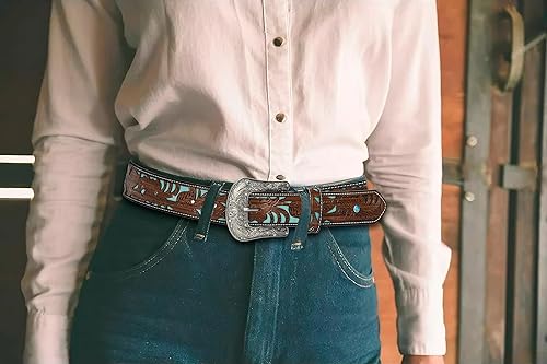 Miniatura 6 de Western-Cowgirl-Cinturones para Mujer y Hombre Turquesa-Decorado-Hebillas Plateadas-Cinturones de Cuero de Vaquero Occidental para Pantalones