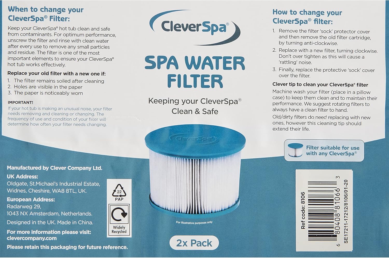 Back of CleverSpa filter packaging showing instructions, company details, and UPC barcode.