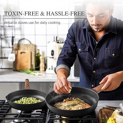 Miniatura 6 de Vinchef Sartenes antiadherentes de 11 pulgadas, sartén con tapa utilizada para todas las estufas, utensilios de cocina no tóxicos de inducción,