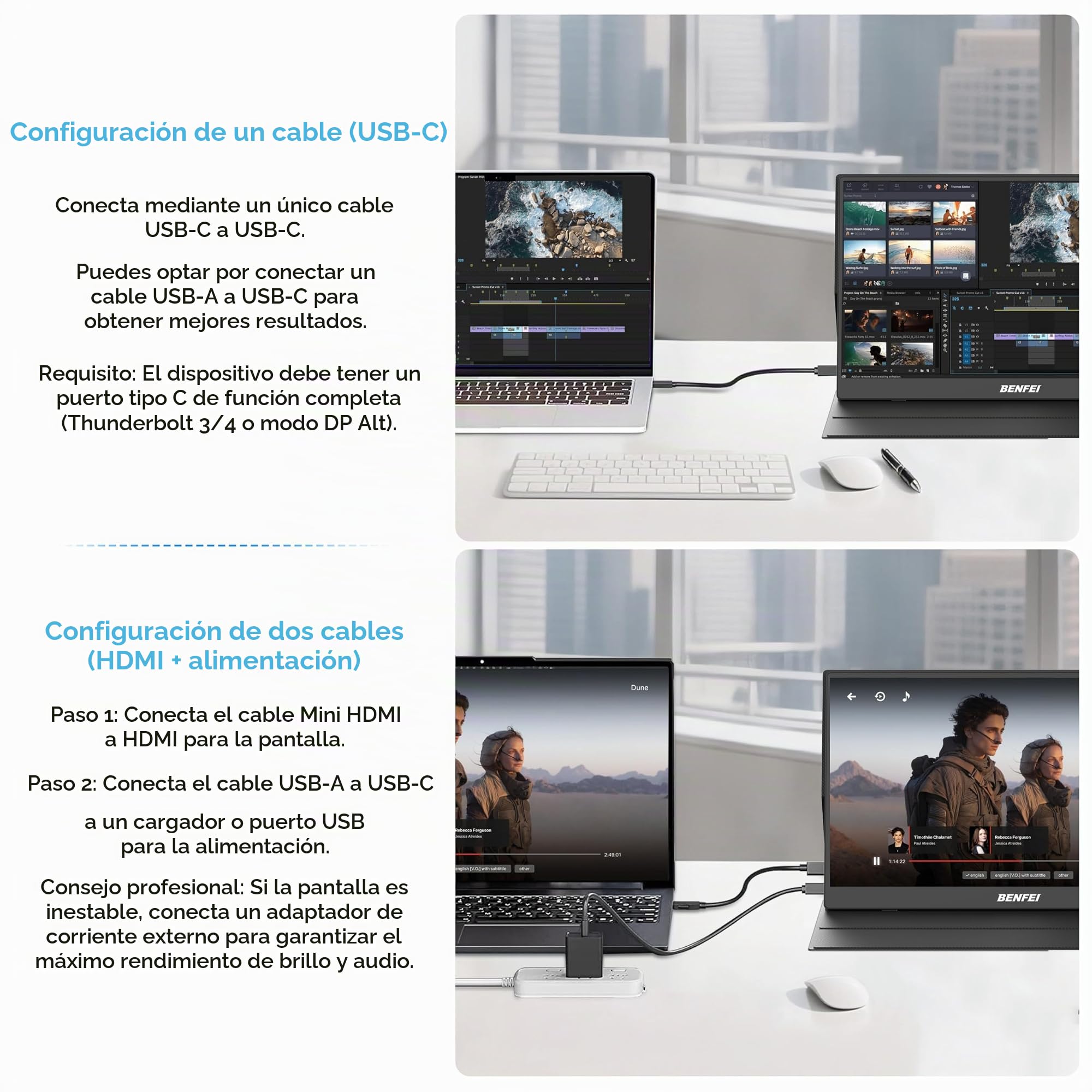 BENFEI Monitor portátil de 15,6", FHD 1080P, Pantalla para Juegos HDMI/USB-C, IPS HDR ultradelgada con Funda Inteligente y Altavoces, Monitor Externo para portátil, PC, teléfonos, Tableta, PS5/PS4