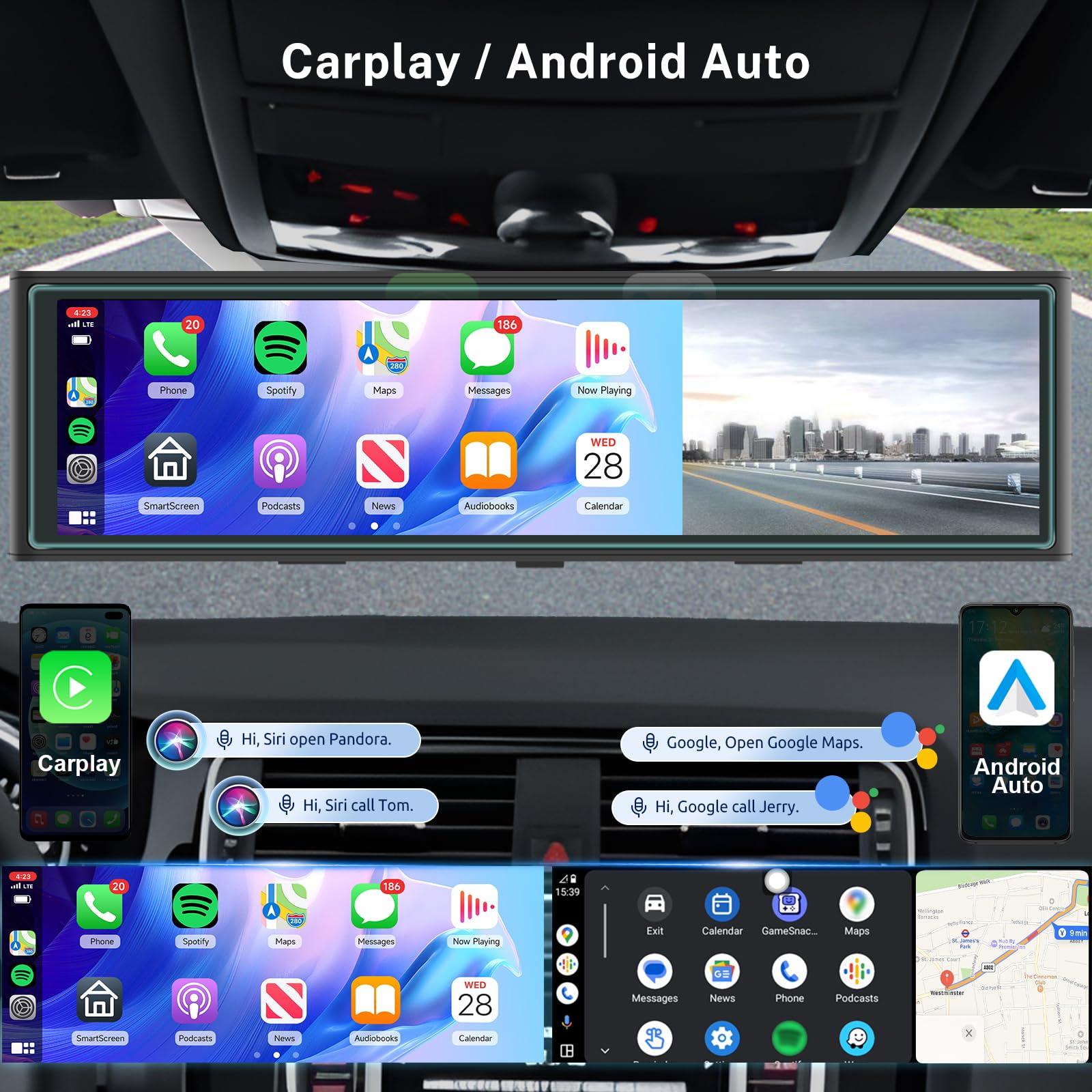 Hodozzy 4K Espejo Retrovisor Coche Dash CAM Inalámbrico Carplay Android Auto,Cámaras Visión Frontal y Trasera 1080P,Pantalla Táctil IPS de 10,99 Pulgadas con Grabación en Bucle/Airplay/AUX/FM