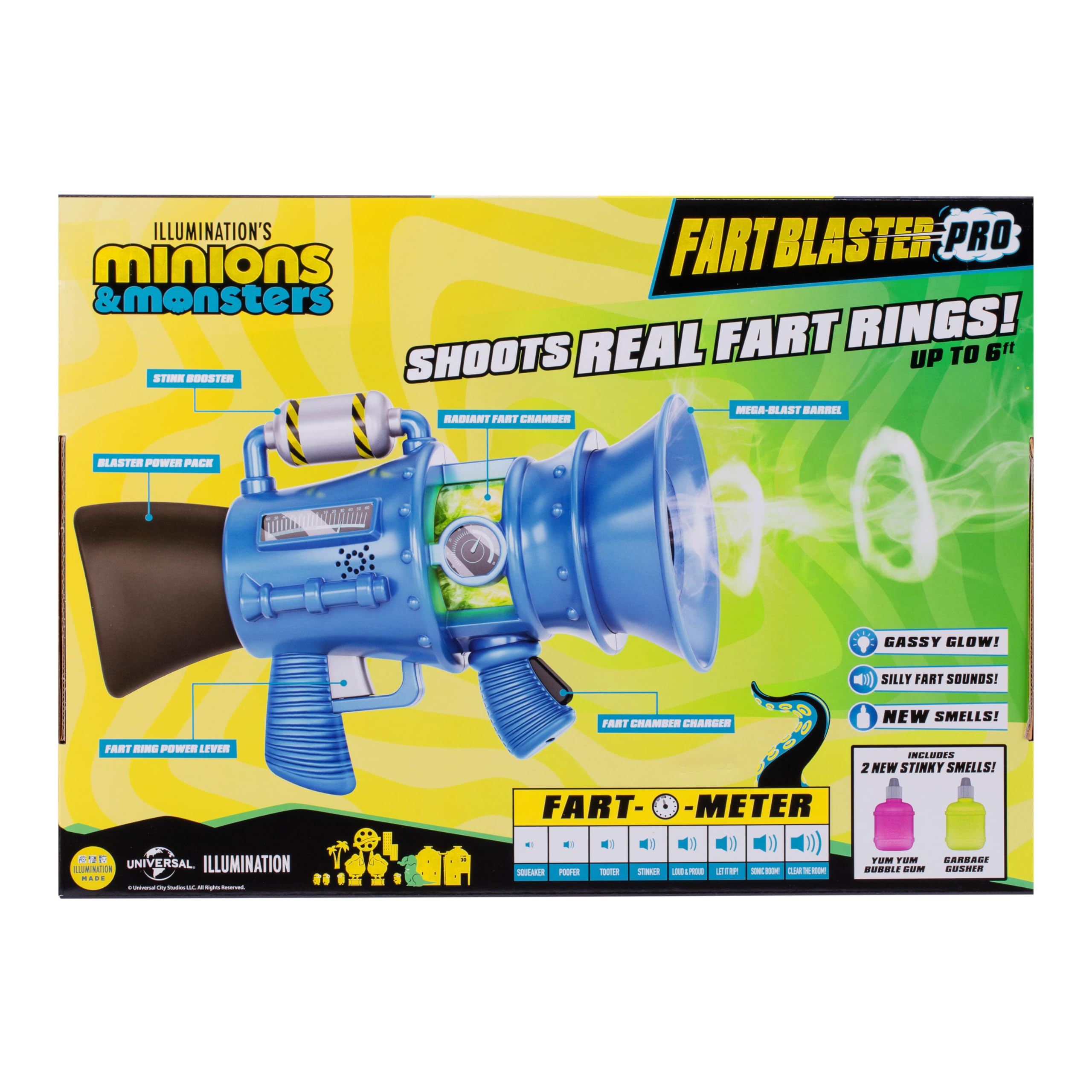 MINIONS Illumination Monster Furzblaster Pro mit 8 Gestank-Einstellungen, schießt stinkende Furzringe bis zu 1,80 m weit, 2 Furzformeln mit unterschiedlichen Gerüchen