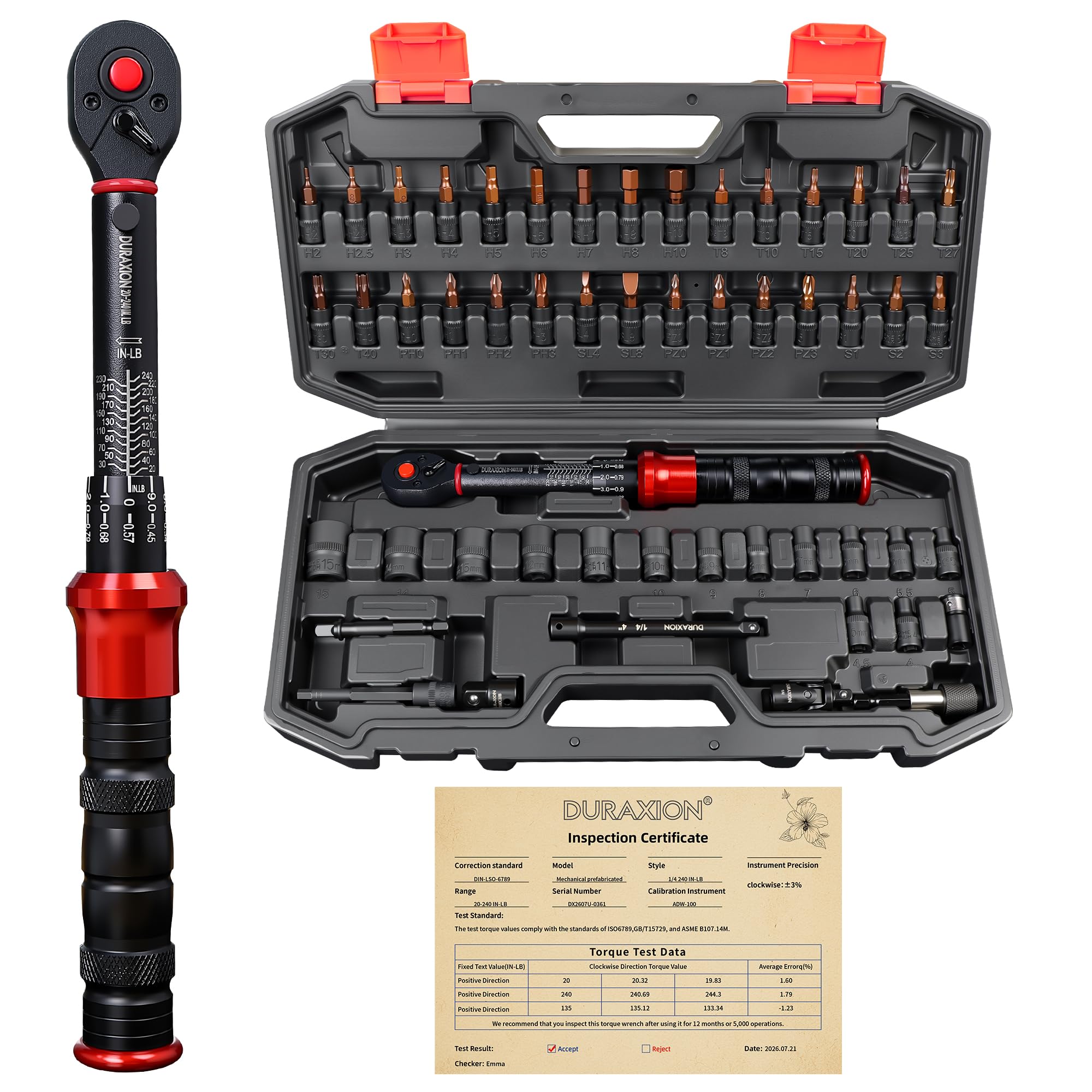 Set di 52 chiavi dinamometriche per bicicletta, attacco da 1/4", 20-240 pollici (2,3-27 Nm)