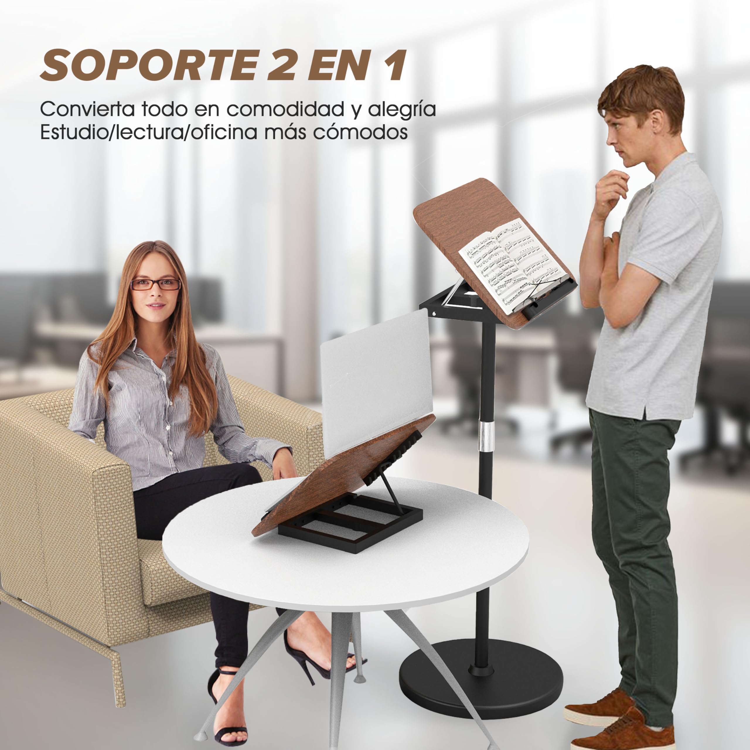 Atril ajustable 2 en 1 para lectura, doble uso, para escritorio y suelo, con bandeja y clips elásticos para partituras, recetas, tabletas y portátiles, altura ajustable de 23,5 a 52 pulgadas (Nogal)