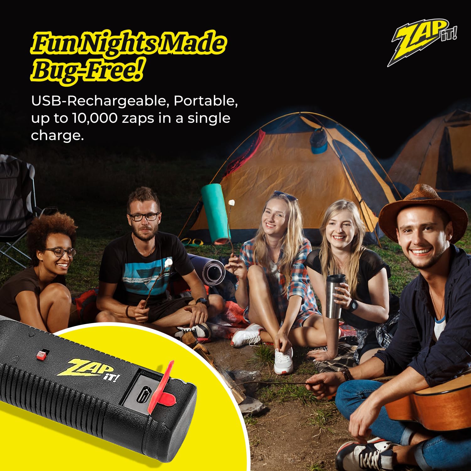 ZAP IT! Racchetta elettrica ricaricabile per mosche, 4.000 Volt, con cavo di ricarica USB e luce LED, rete a 3 strati di sicurezza media, rossa, per interni ed esterni