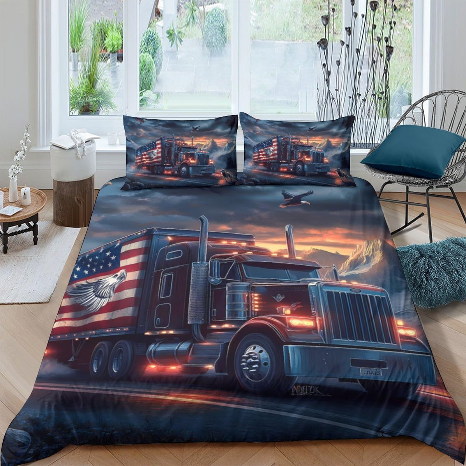 Ctjqhvkz Style-1 3D Printed American Truck Fitted Sheet Microfiber Soft Bed Cover Sunset Highway Decor For Bedroom Guest Room Single（135X200cm）