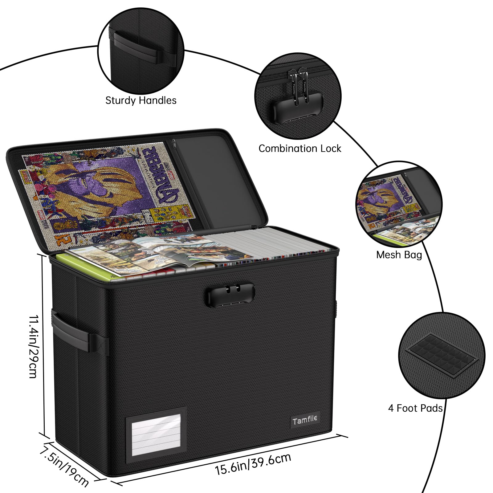 Tamfile Feuerfeste Comicbuch-Aufbewahrungsbox, 39,6 x 19,1 x 29 cm, große Kapazität, Comic-Bücher, Organizer-Box mit Schloss, wasserdicht, feuchtigkeitsbeständig, zusammenklappbar, für 150–175 Comics,