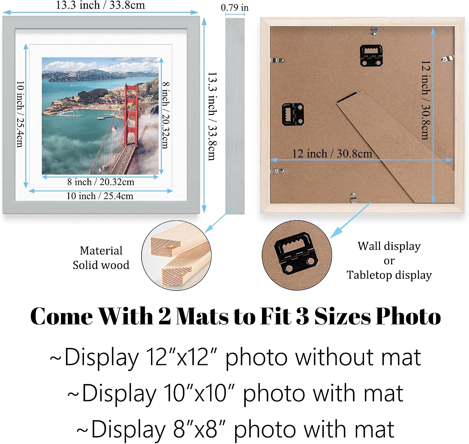 12x12 wood picture frames for wall hanging or tabletop,diamond painting frame baby scan picture frames with 2 mats display 8x8 or 10x10 for family walls decoration,anniversary,wedding,christmas(gray) gray 12x12 inch