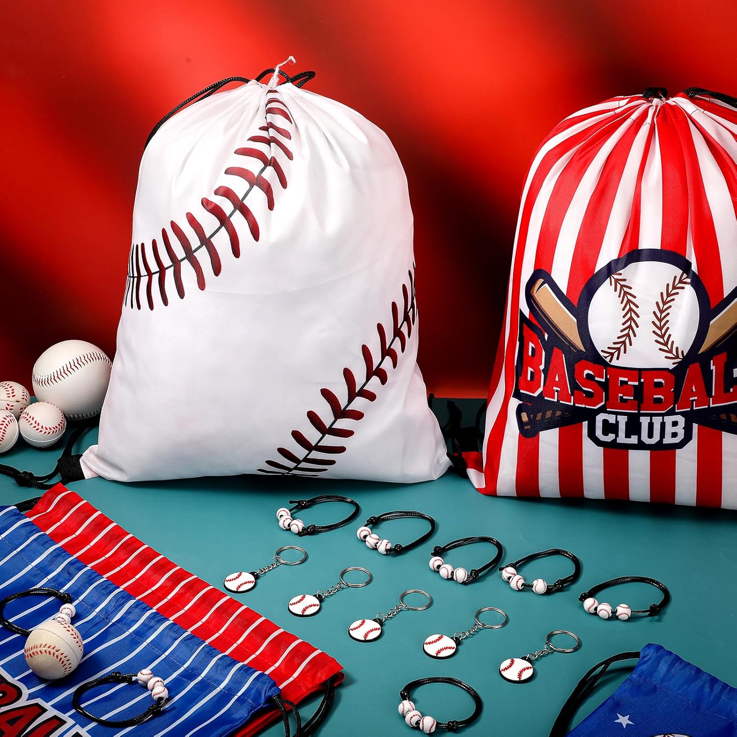 Patelai 36 Pcs Sport Party Favors 12 Drawstring Gift Bags Goodie Treat Candy Bag 12 Adjustable Bracelets 12 Keychains for Birthday Party Supplies Decorations(Baseball) - Image 3