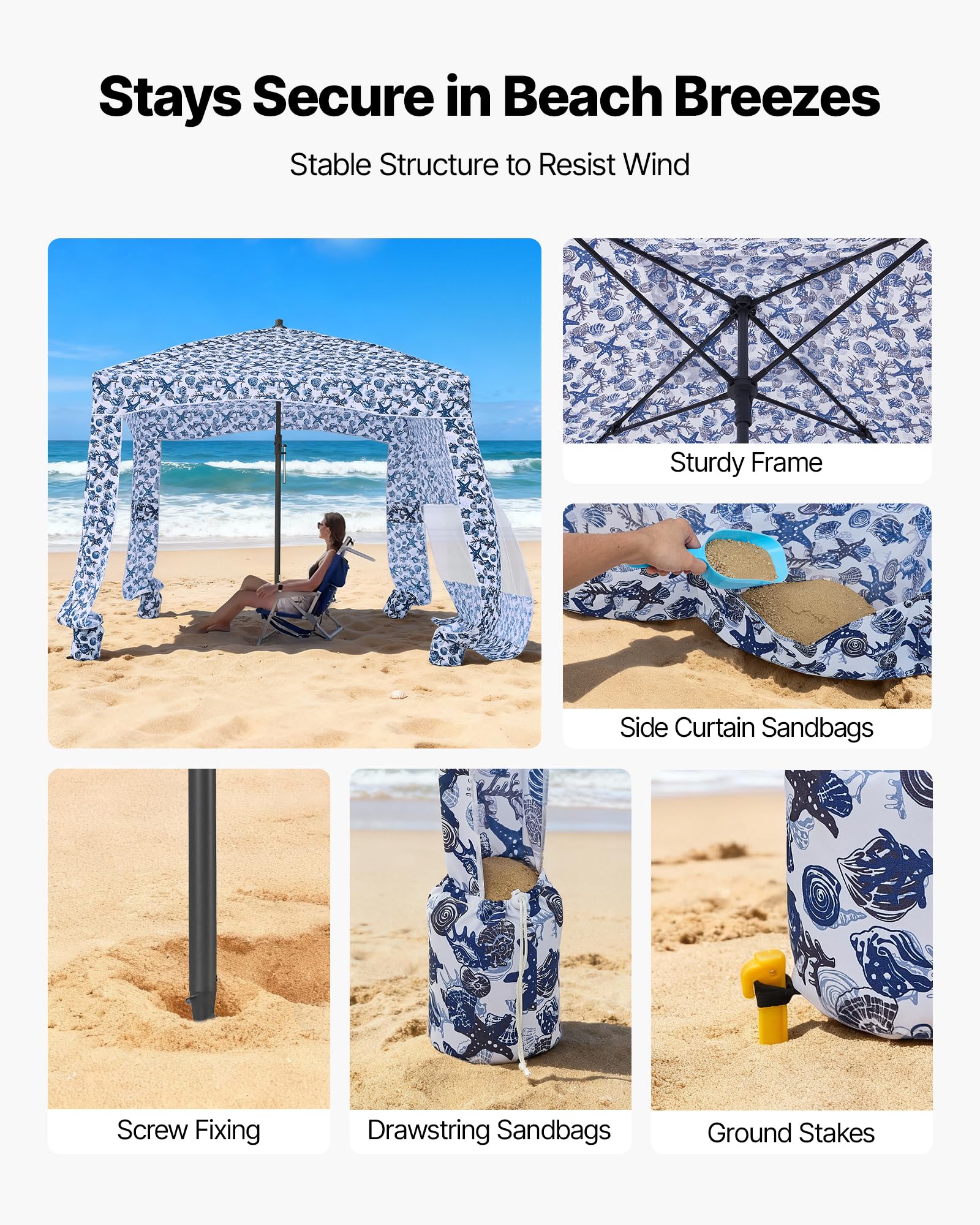 VEVOR Parasole da Spiaggia Portatile 1830 x 1830 x 2290 mm, con Parete Laterale e Tasche per la Sabbia, Ombrellone Parasole Portatile Regolabile in Altezza per Famiglia e Amici, Blu Scuro con Motivi