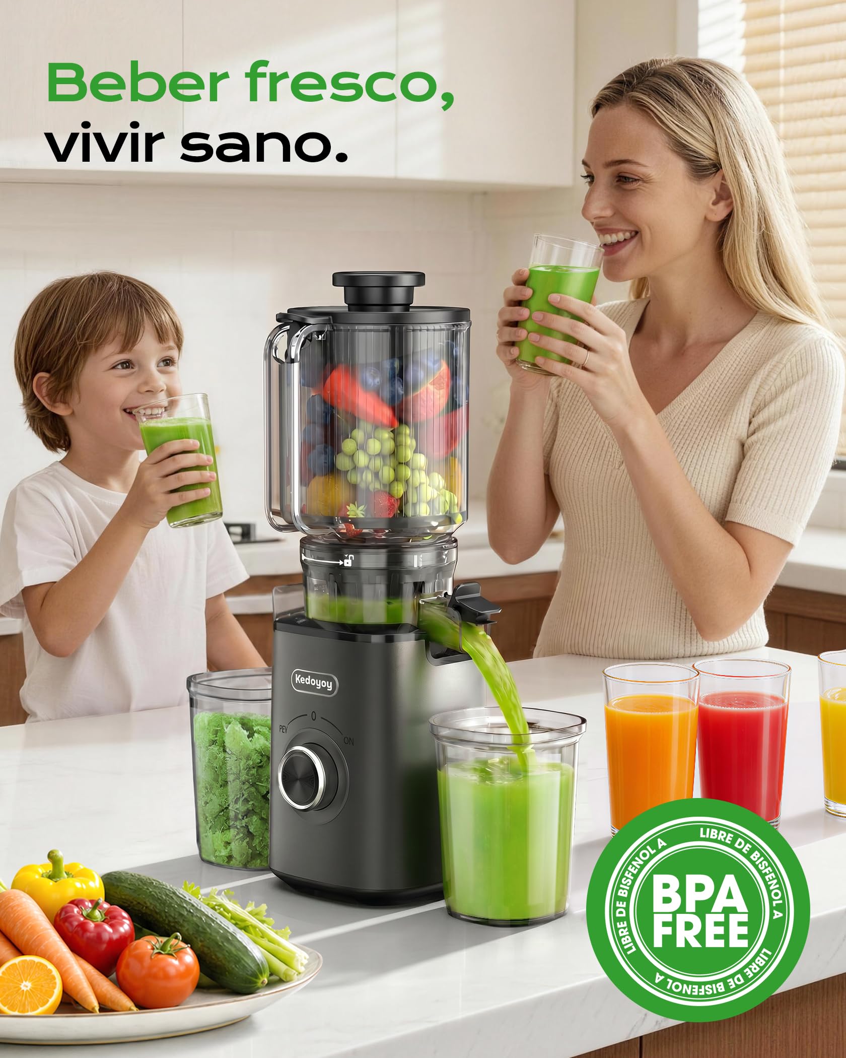 Exprimidor de frutas y verduras, 130mm XL | 1,8L Slow Juicer, 600 ml, sin BPA, fácil limpieza, para familias, color gris