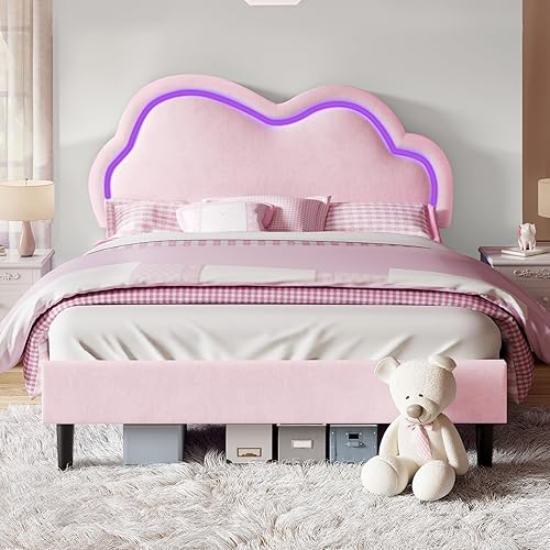 Jocisland Twin Bed Frame for Girls with Adjustable Cloud Headboard, Velvet Upholstered & RGB Lights, 7.1" Underbed Storage, No Box Spring Needed, Pink