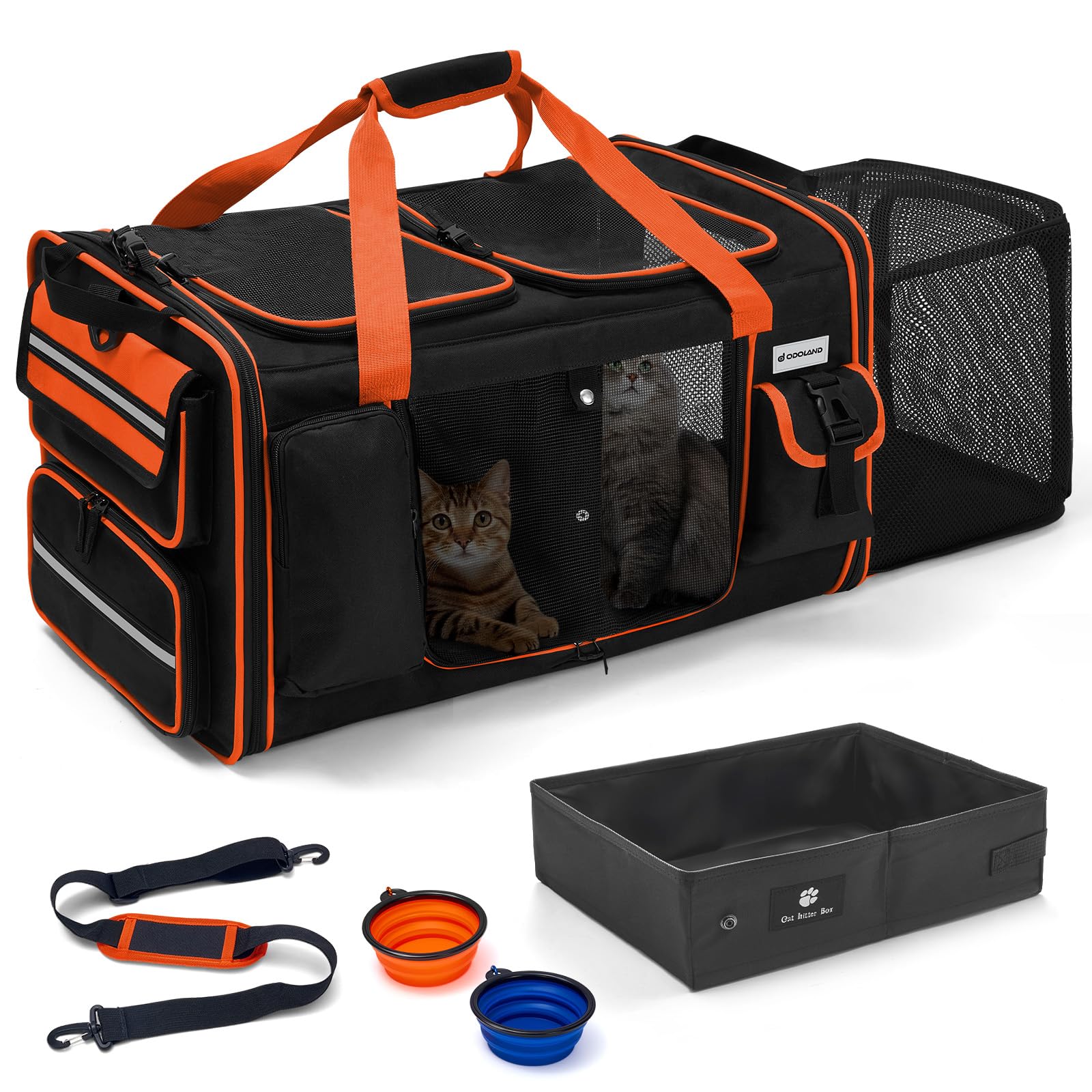 Odoland Katzentransportbox für 2 große Katzen 60×38×35cm - Faltbar Erweiterbarer Transporttasche Katze Welpen, atmungsaktiv Hundetragetasche mit Schultergurt & Katzenklo - Ideal für Reise, Auto