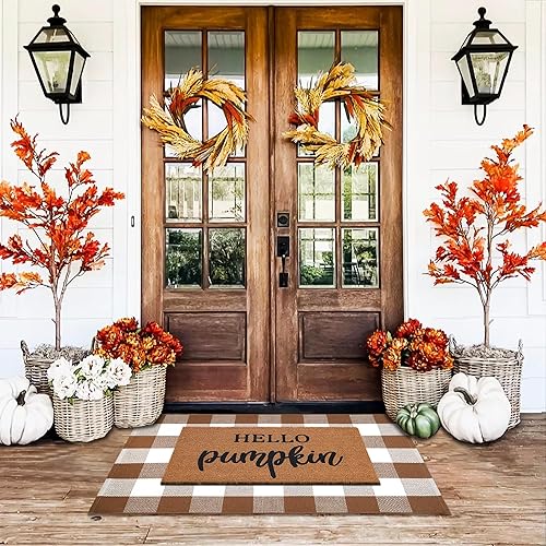 Miniatura 9 de Alfombra de cuadros naranja y blanco, alfombra de decoración frontal de otoño, alfombra de algodón tejida a mano para tapetes de puerta en capas,