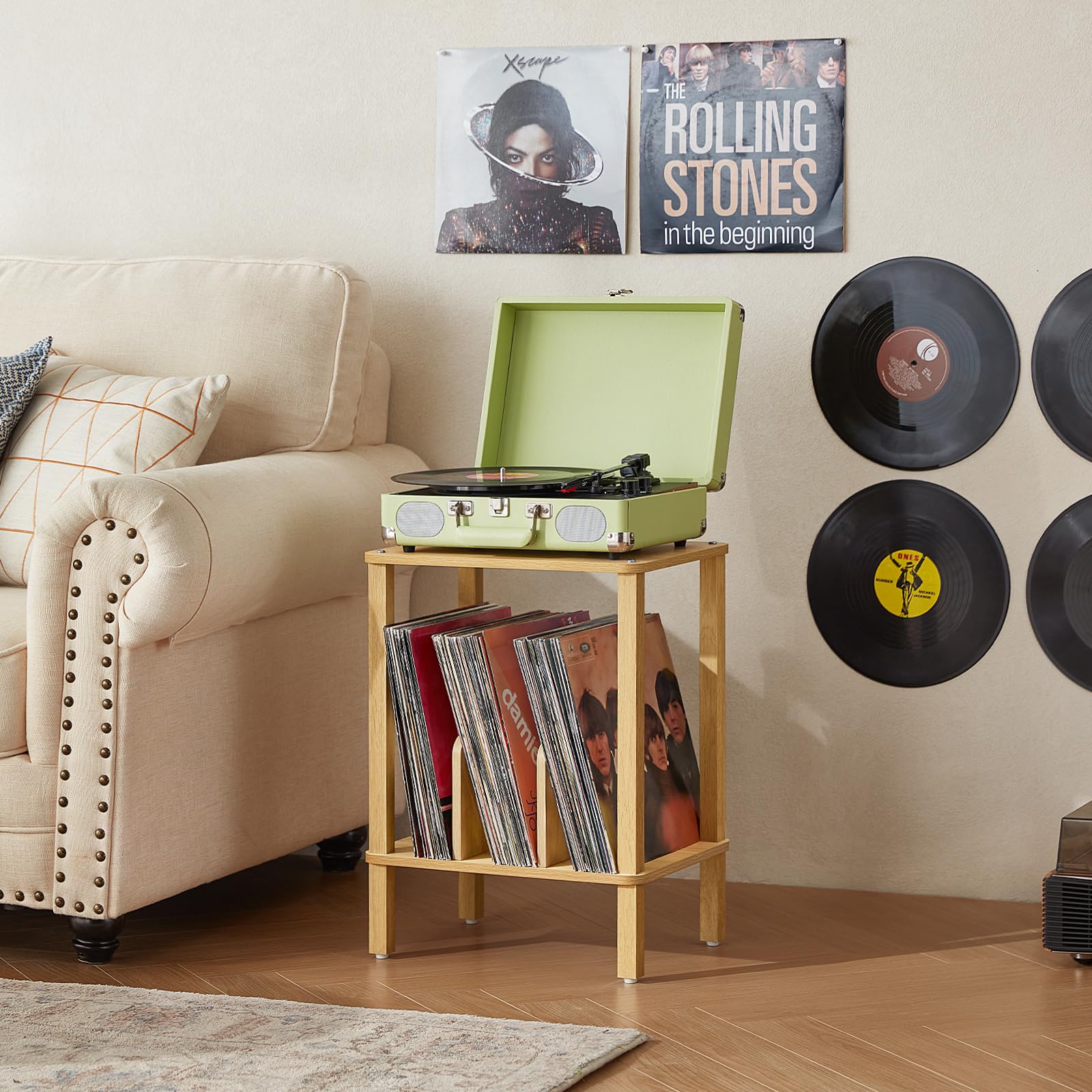 LELELINKY 2-Tier Stand de Disque en Bambou avec disques vinyles de Stockage jusqu'à 100 Albums, Porte-Disque Chambre Boho et Table d'extrémité Multifonctions pour Le Salon,Bois Naturel