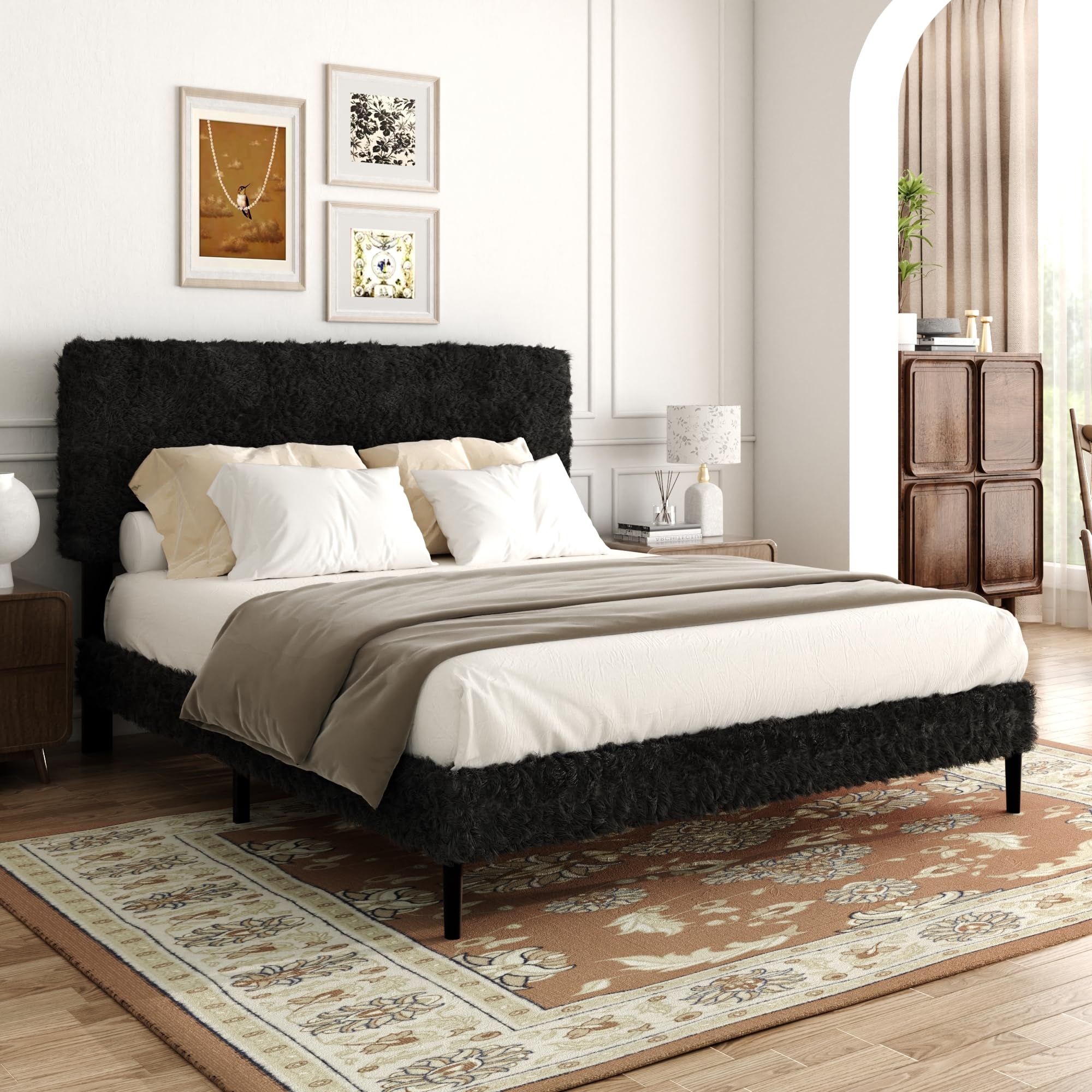 Photo 1 of HAOARA Full Size Flannel Platform Bed Frame with Adjustable Headboard, Anti-Collision Soft Rounded Corners, No Box Spring Needed, Easy Assembly, Noise-Free, Charcoal Gray