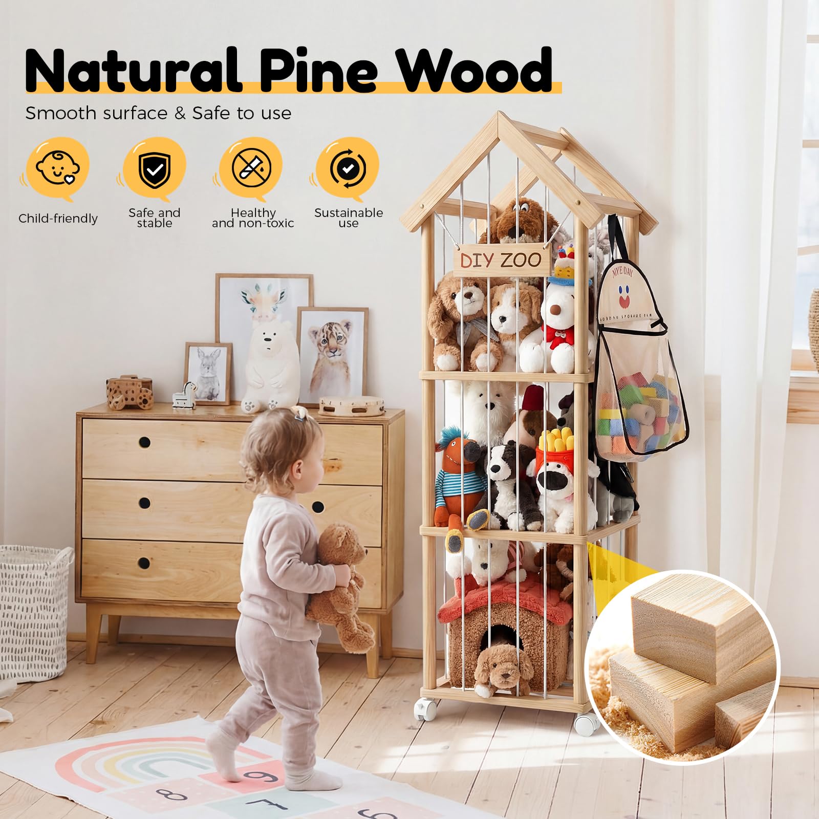 Kuscheltier Aufbewahrung, Holz Stofftier Aufbewahrung, 146 * 42 * 42CM Plüschtier Lagerung Organizer Mit 360°Bremse-Ausgestattete Räder für Spielzimmer, Kinderzimmer, Schlafzimmer, Mit Dach