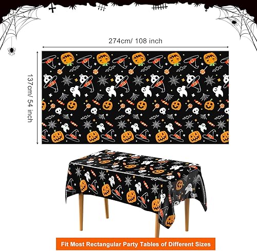 Miniatura 2 de PLULON Paquete de 3 manteles de Halloween de 54 x 108 pulgadas, tela de araña de calabaza, fantasma, murciélago, mantel de plástico para decoración
