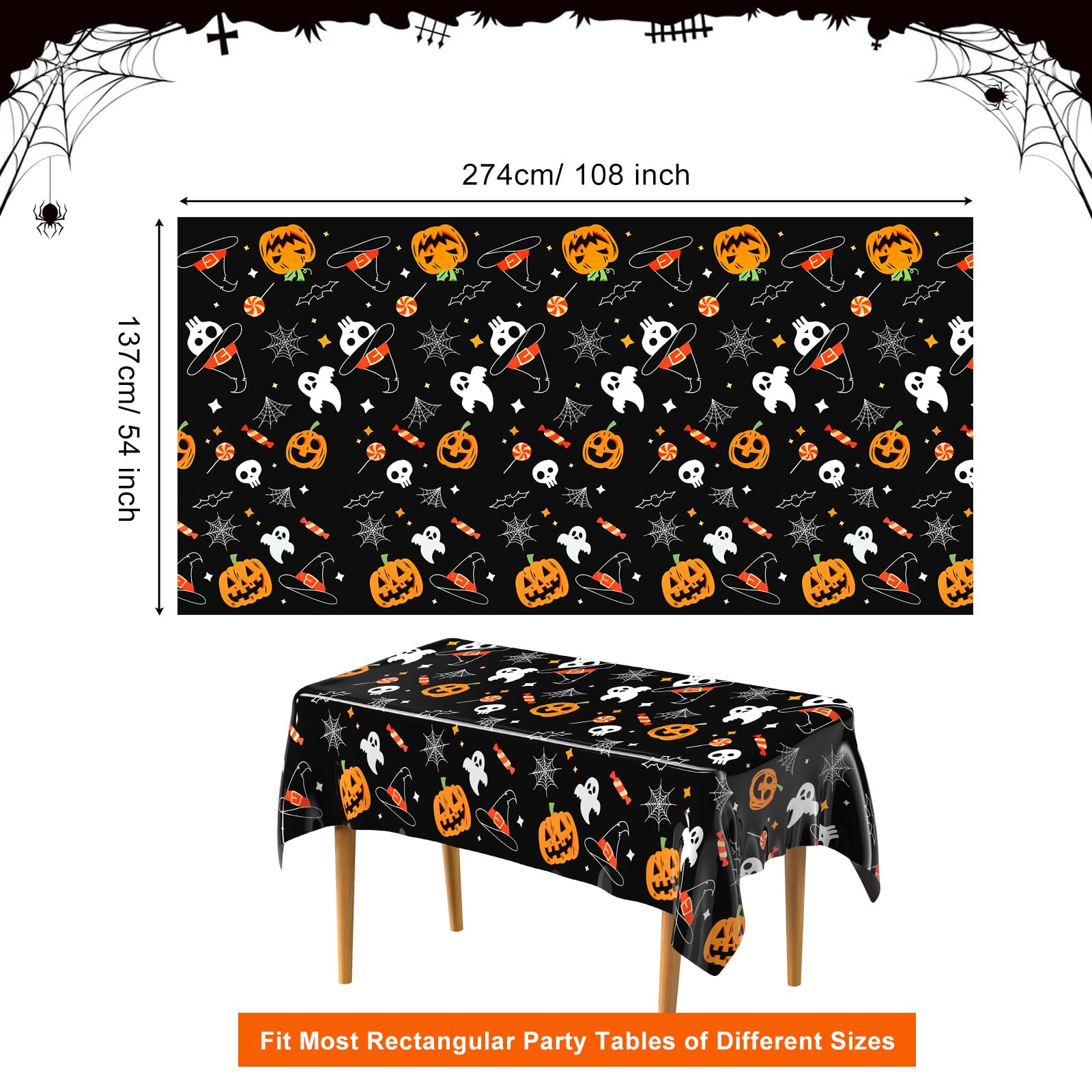 Nappe D'Halloween 3 Pièces - 137 X 182 Cm - Plastique Imperméable - Motif Citrouille - Pour Décoration De Fête