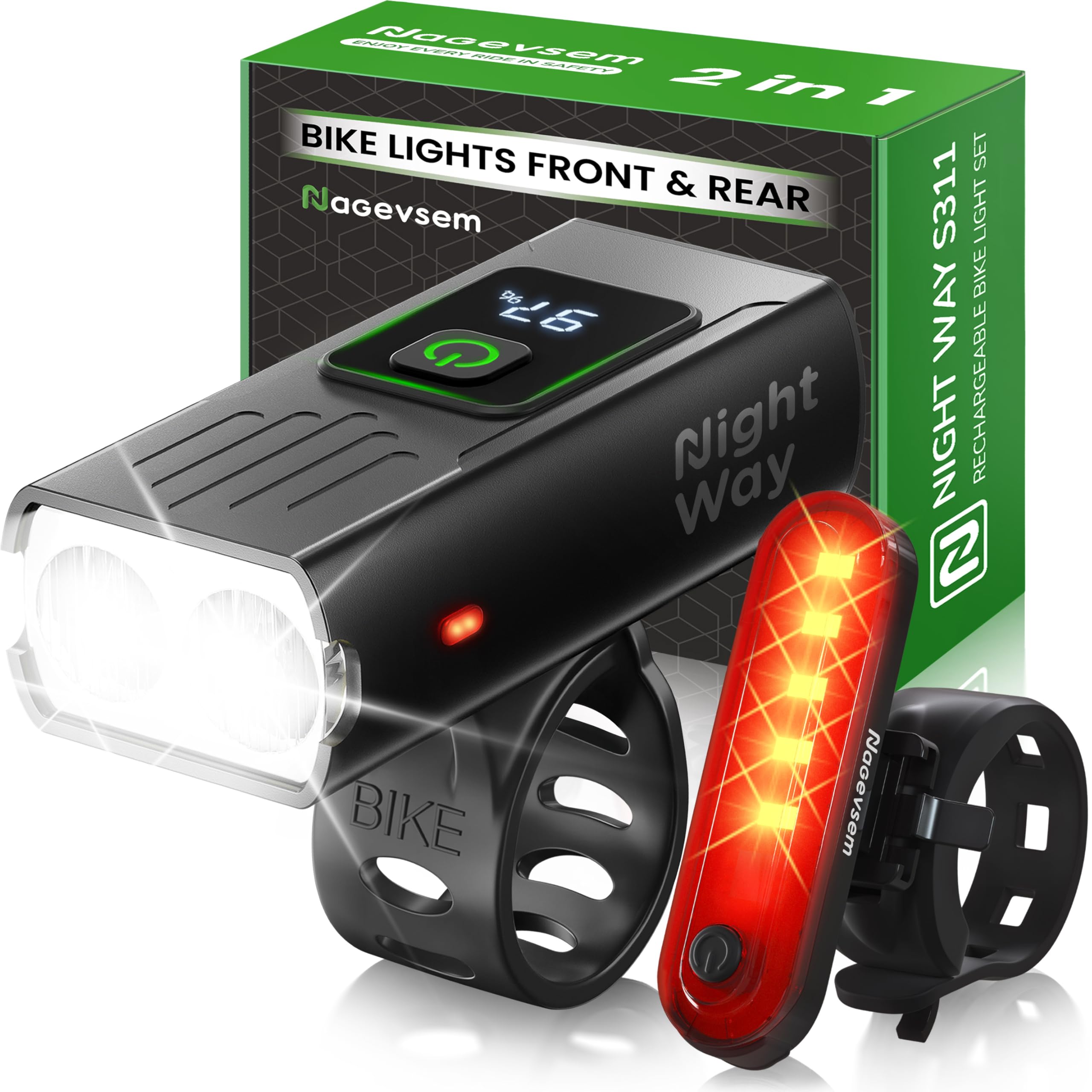 Nagevsem Bike Lights Set, LED Super Bright Rechargeable USB-C Headlight Front & Rear Back, Bicycle Light Kit for Night Riding in Mountain, 6+4 Modes, Waterproof Gift for Men, Women, Boys & Kids