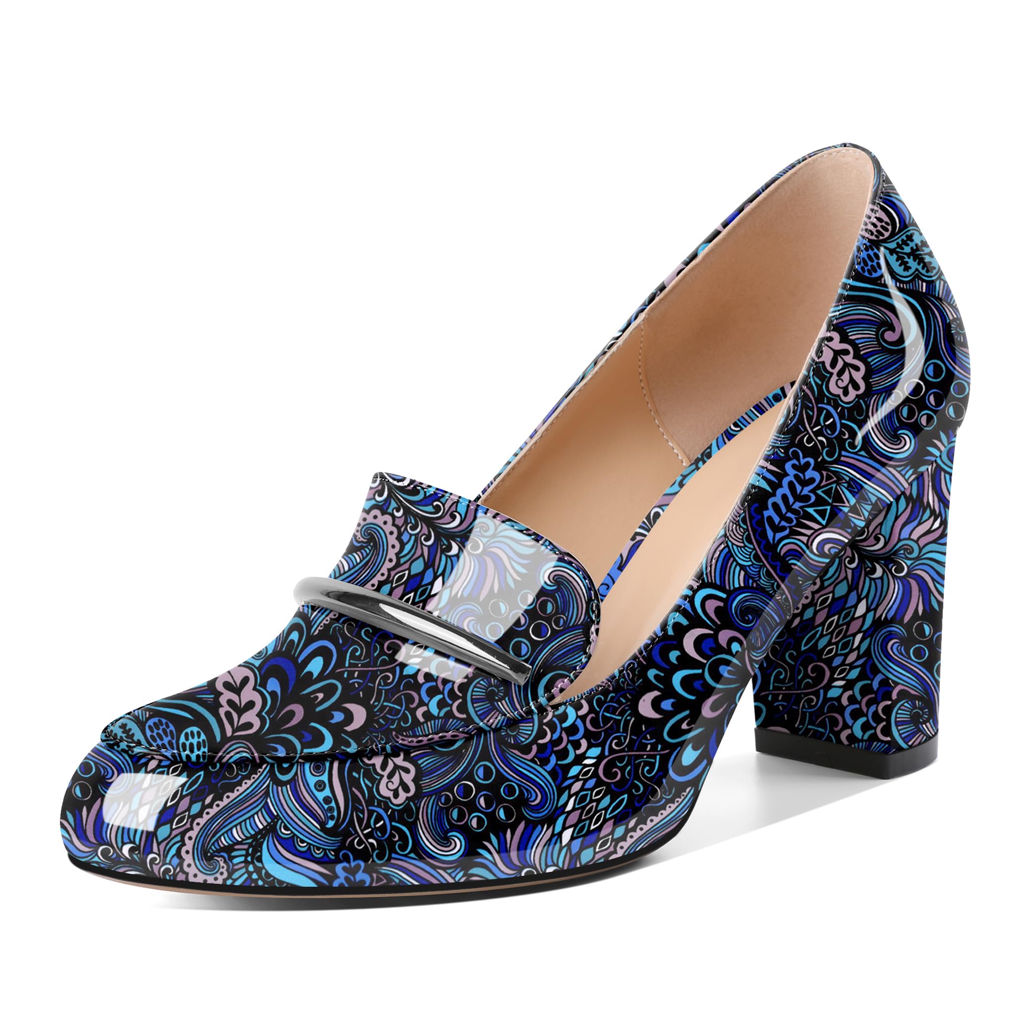 YODEKS Chunky Heels for Women Round Toe Block High Heels Slip on Pumps Loafers 3.3 Inch Closed Toe Shoes