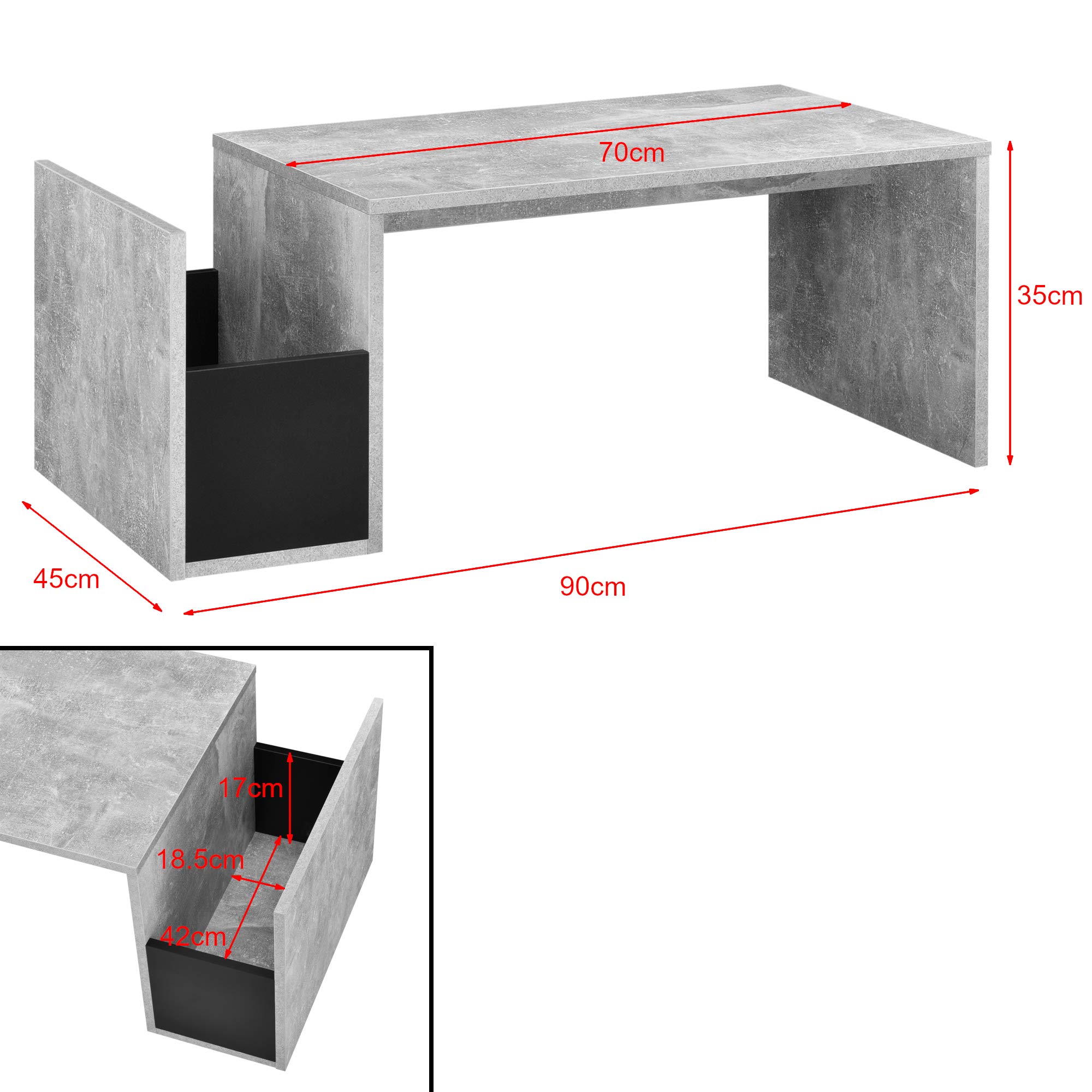 [en.casa] Tavolino da Salotto con Vano Laterale Tavolo Basso da Caffè con Scomparto Portaoggetti per Soggiorno Studio Living 90 x 45 x 35 cm - Effetto Cemento