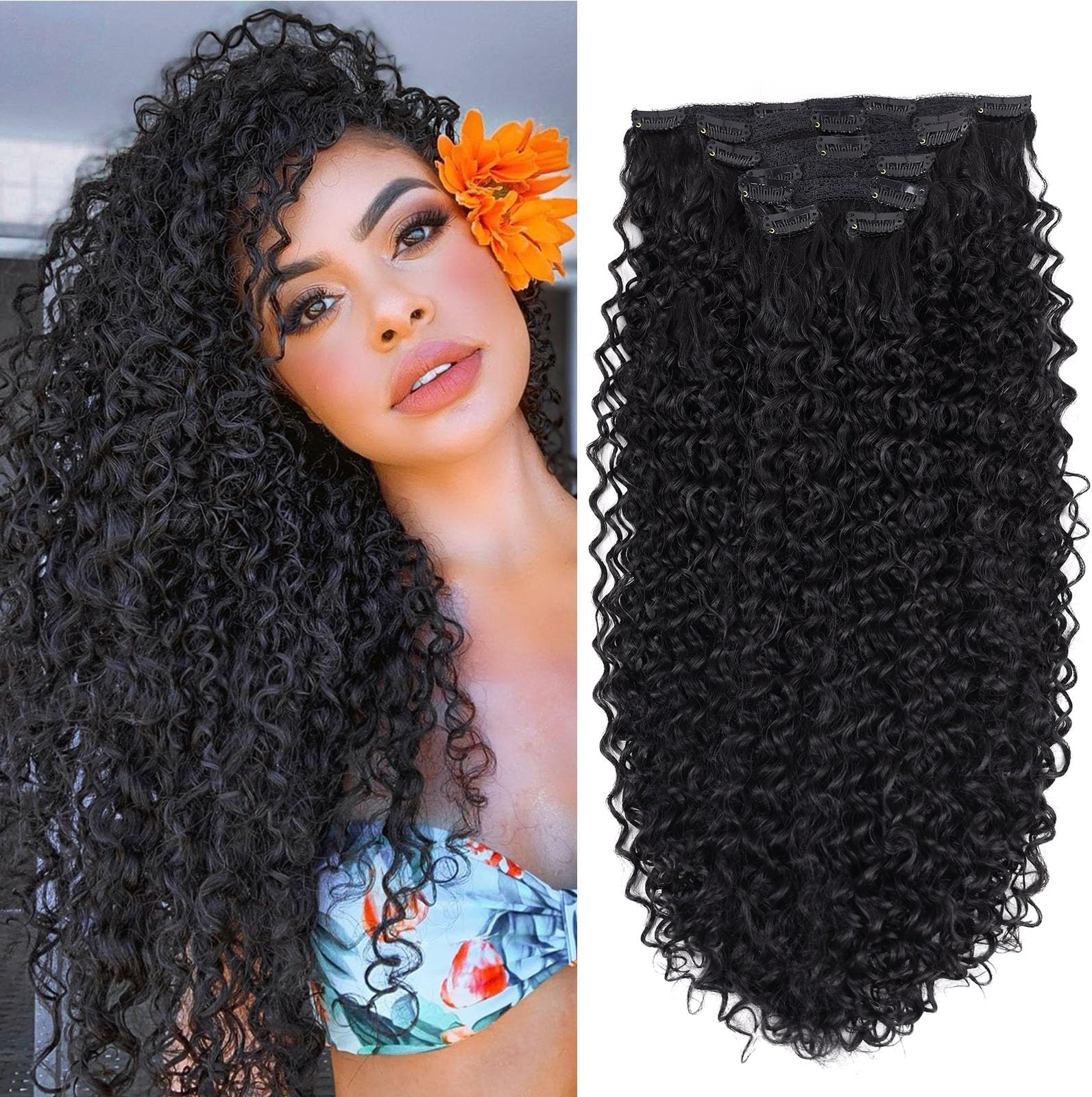 Clip In Hair Extensions - 140G 7Pcs Synthetic hair Natural Black Clip in Jerry Curly Hair Extensions for Black Women Jerry hair extension Hairpieces (1B# 24 Inch)(Pack of 7)