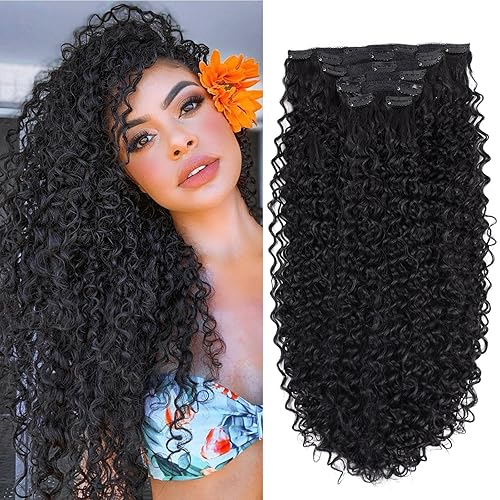 Miniatura 7 de Extensiones de cabello rizado con pinzas, 4.43 oz, 7 unidades, extensiones de cabello sintético degradado a rubio miel, extensiones de cabello